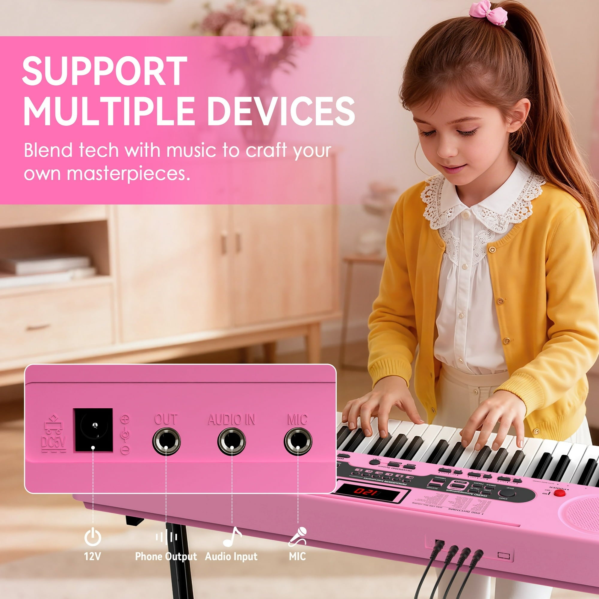 Fenbeli 61-Key Piano Keyboard with Lighted Keys, Stand, Bench, Microphone, Headphone, Electronic Keyboard Piano Set, Pink