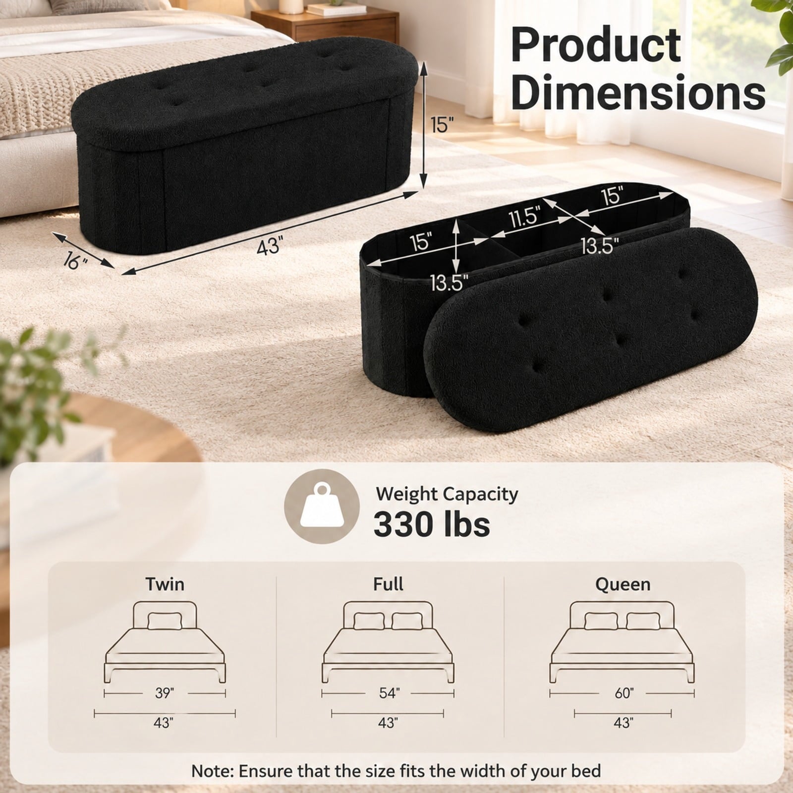 Fenbeli 43 Folding Teddy Storage Ottoman Bench with Dividers for Living Room and Bedroom, 43 x 15 x 16Inner Footprint, Black