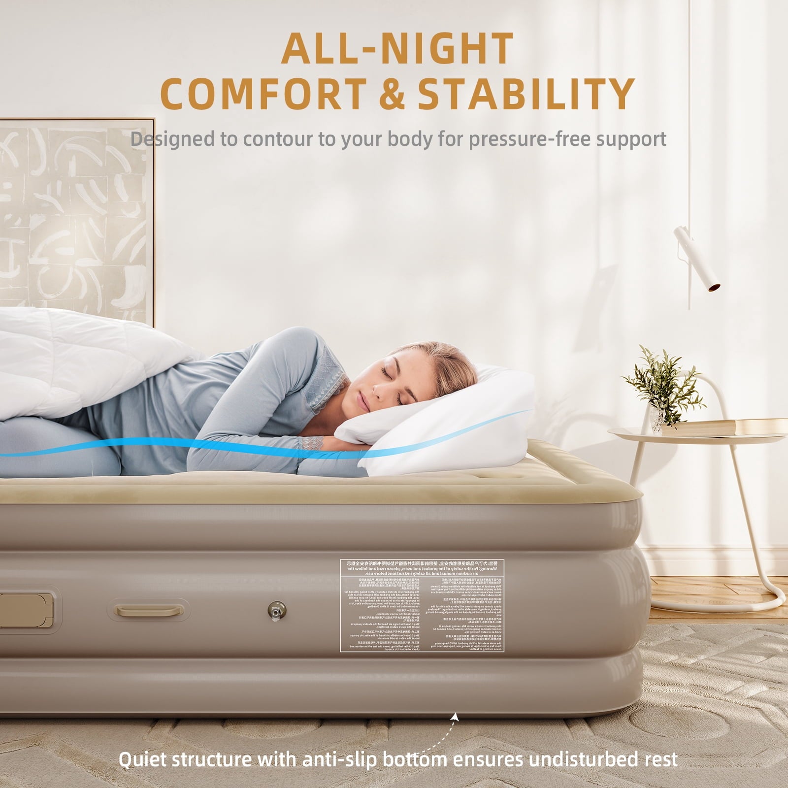 Fenbeli Queen Air Mattress with Built-in Pump, 18" Inflatable Air Bed with Rechargeable Pump & Camping Lamp, Portable Airbed for Home Camping Guests