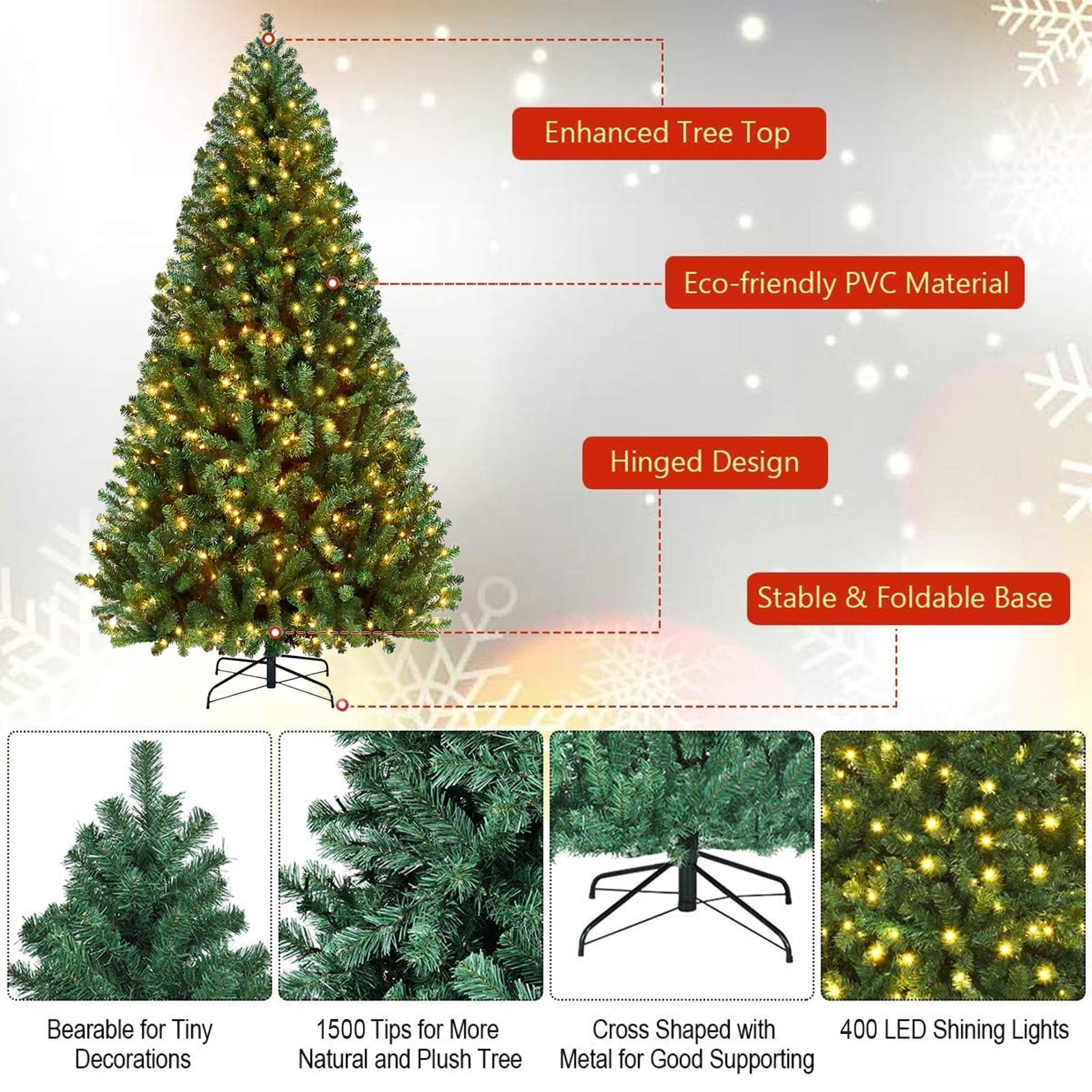 Fenbeli Pre-Lit Artificial Christmas Tree 6ft with 300 Clear Incandescent Mini Lights, Indoor Green