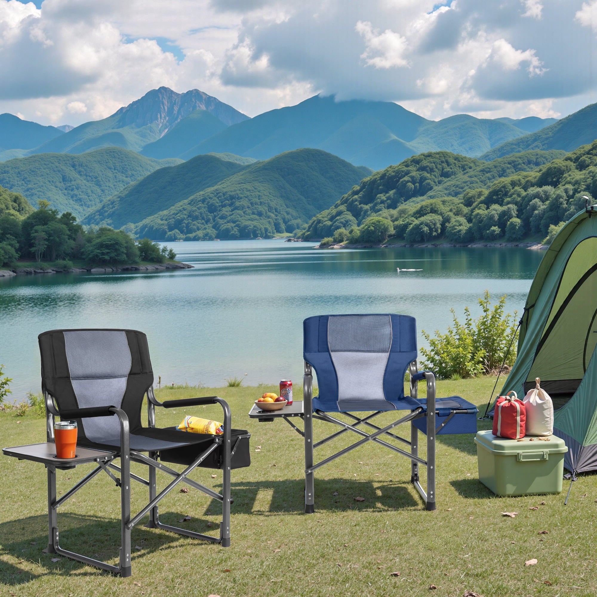 Fenbeli 300lbs Folding Camping Chairs with Cooler Bag and Table Lawn Chairs for Outside Sports Fishing Black