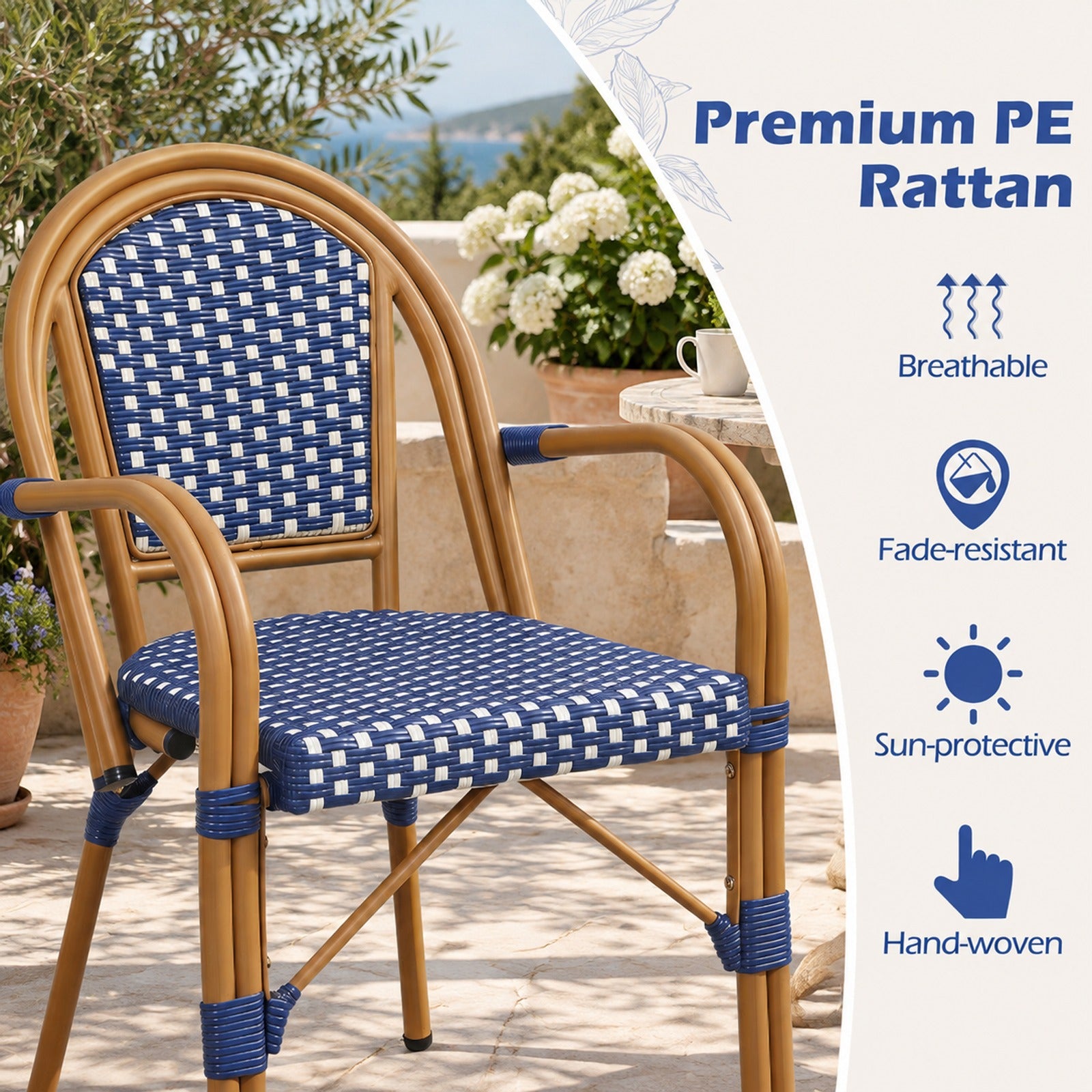 Fenbeli Hand-Woven PE Wicker Outdoor French Bistro Chairs Set of 2, Chair 400 lbs Capacity, PE Rattan Galvanized Metal Frame, Blue