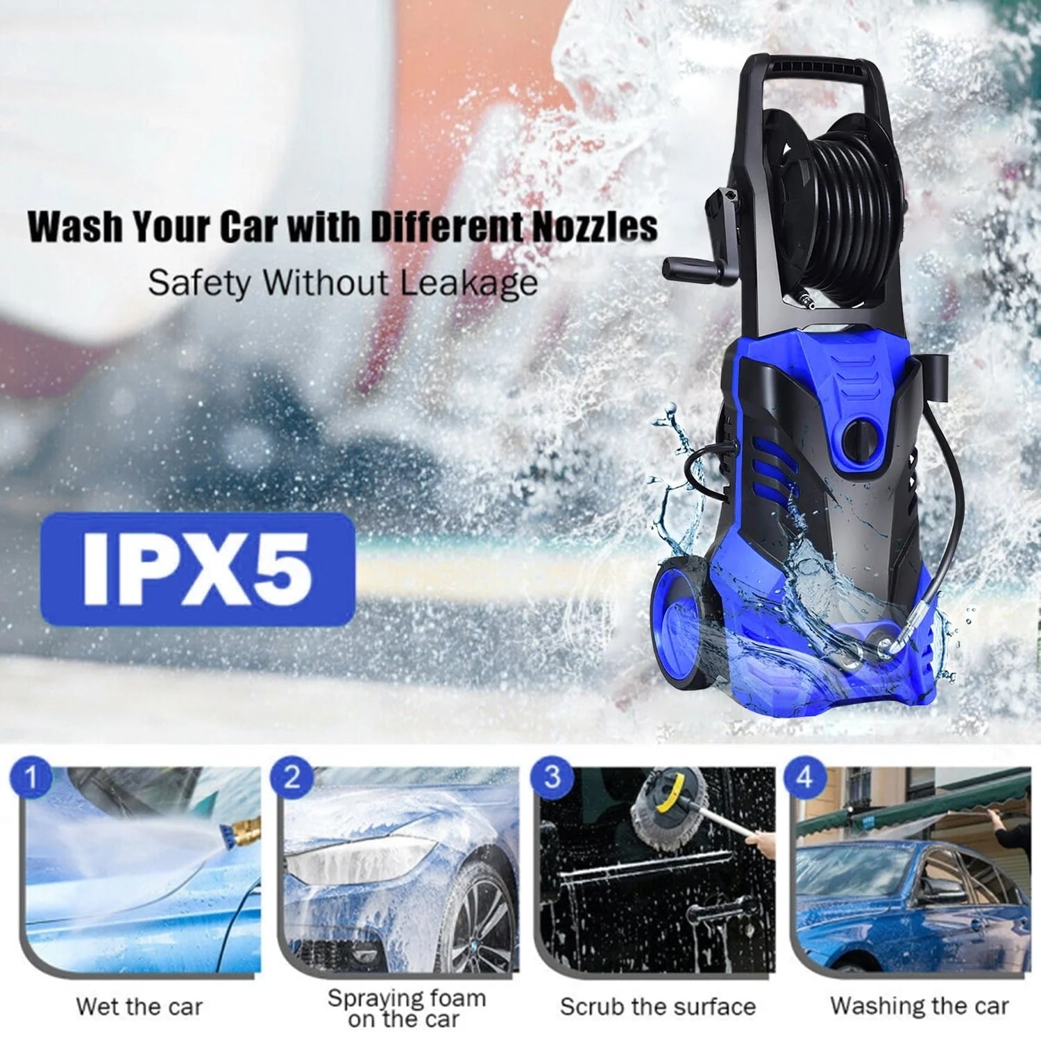 Electric Pressure Washer, 3800PSI 2.6 GPM Power Washer Machine with Hose Reel,4 Quick Connect Nozzles, Foam Cannon, for Cars, Patios, and Floor Cleaning,Blue