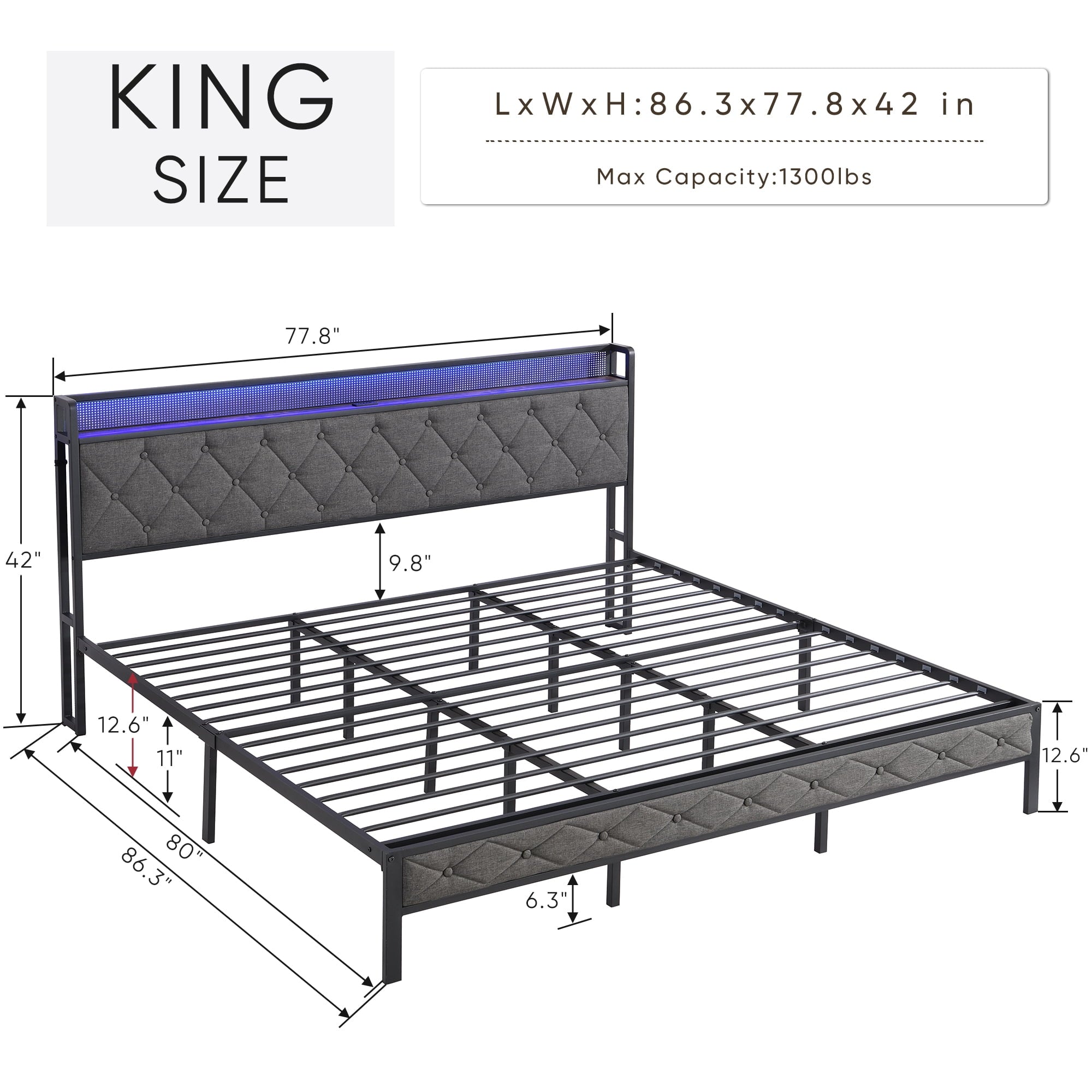 Furnibear King Bed Frame with RGB LED Lights, Charging Station And Storage Headboard | Reinforced Platform | Easy Assembly, Dark Gray