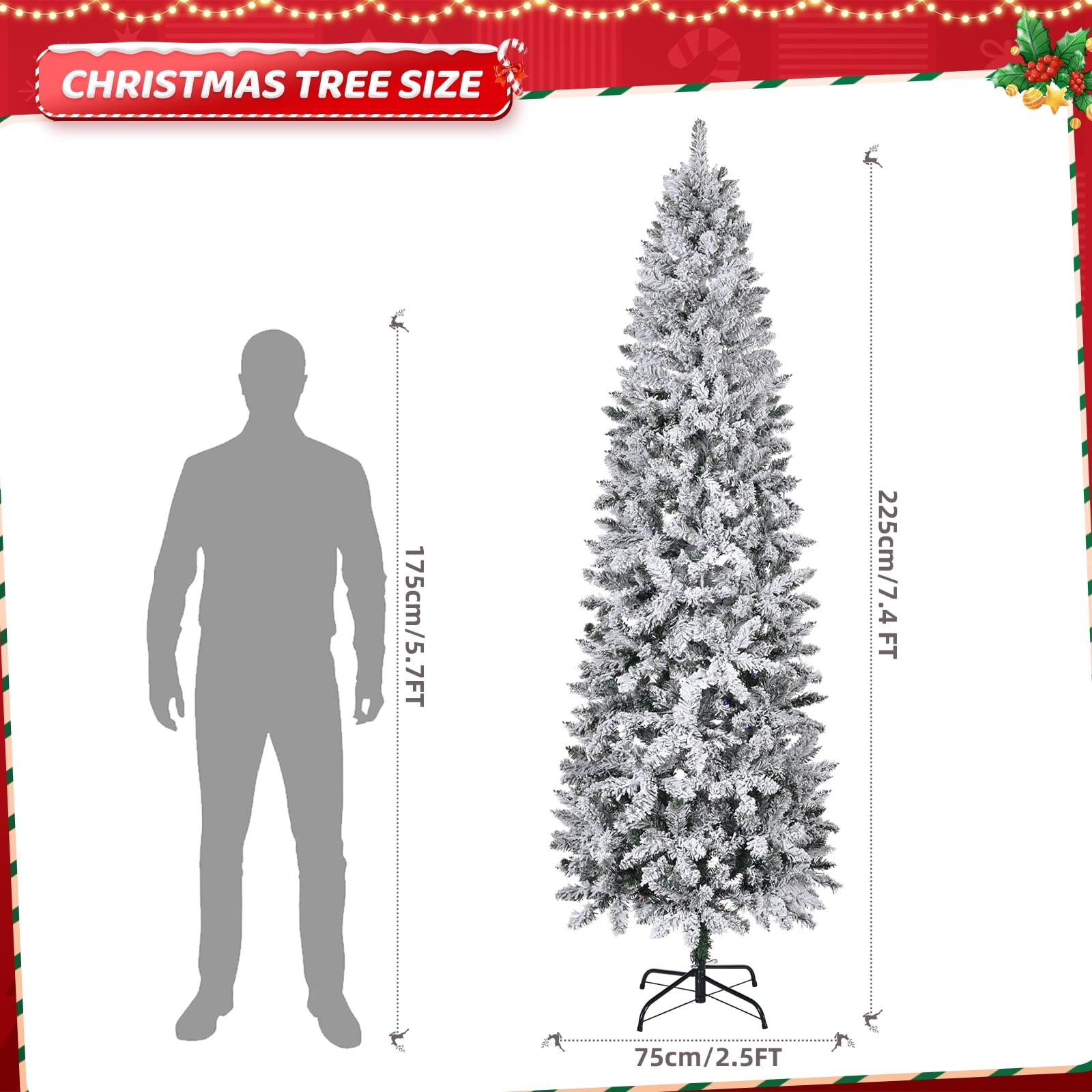Fenbeli 7.5ft Pre-Lit Pencil Snow Flocked Christmas Tree