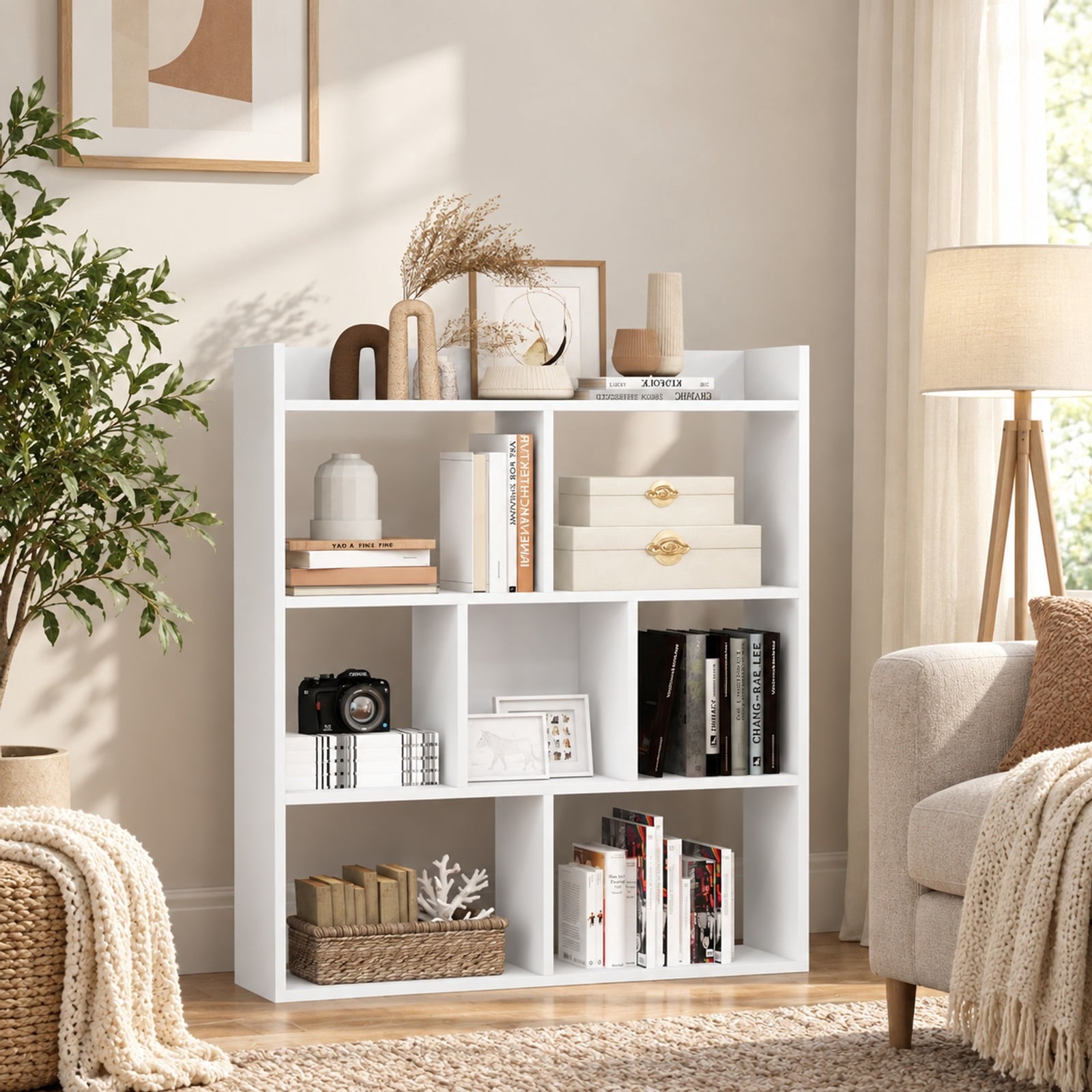 Fenbeli 7 Cubes Open-back Bookshelf with Anti-Toppling Devices, 88 lbs Capacity, 31.5 x 8 x 35.5 Footprint, White