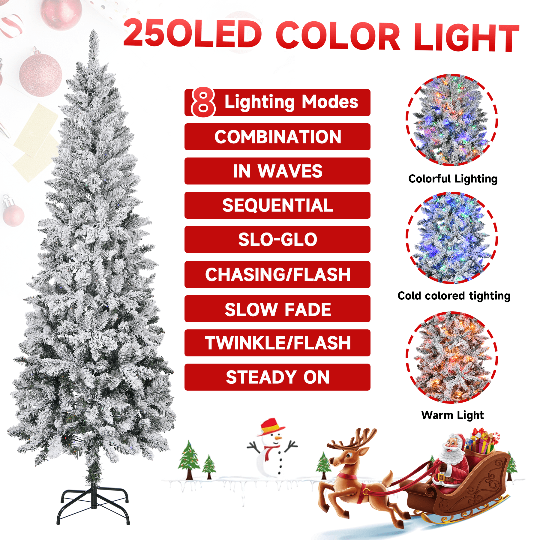 Fenbeli 6ft Pencil Prelit Christmas Tree with 250 LED Lights Artificial Slim Christmas Tree with Stand