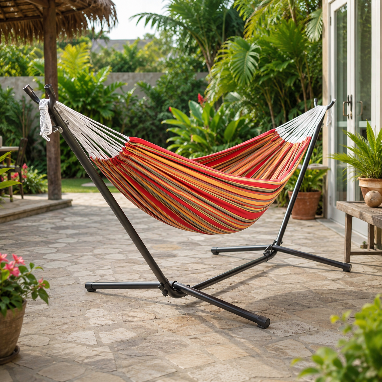 Fenbeli Double Camping Hammock with Stand 2 Person Portable Hammock Bed with Steel Frame and Carry Bag for Backyard Patio Outdoor Poolside, Red