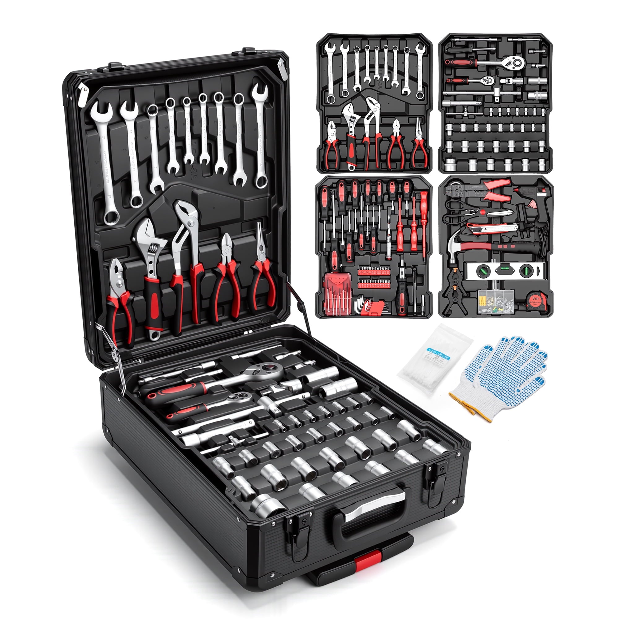 Fenbeli 399 Piece Tool Set, Professional Chrome Vanadium Steel Tool Kit with Aluminum Trolley Case and Wheels, Home Auto Repair Mechanic Tool Box, Black