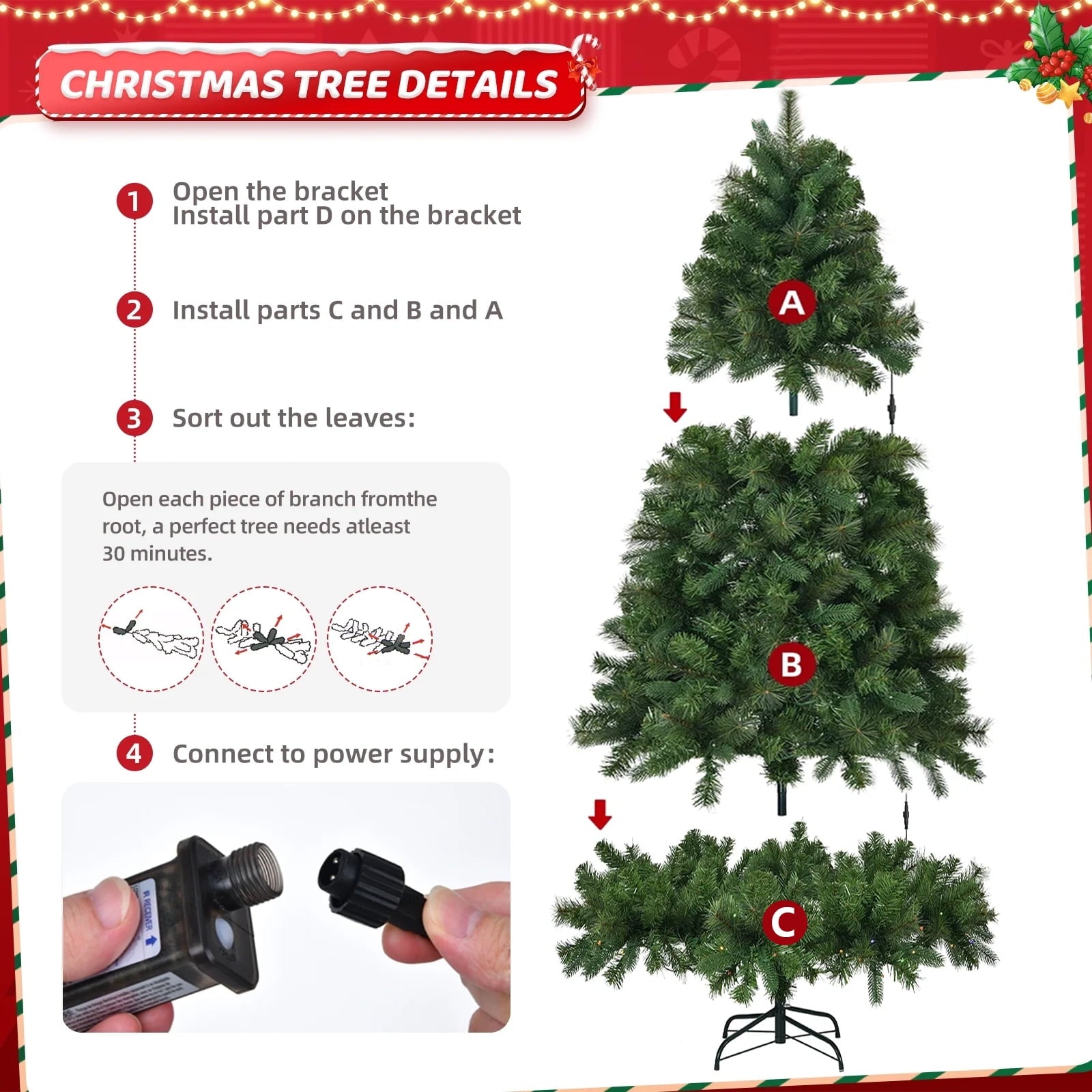 Fenbeli 6ft Pre-Lit Artificial Christmas Tree with 250 Multicolored LED Lights, 8 Sequences, Green