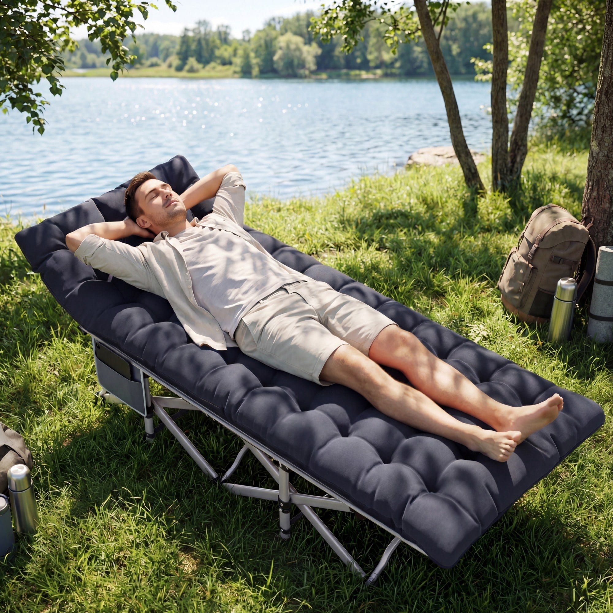 Fenbeli Camping Cot with Mattress, Heavy Duty Folding Cot Bed for Adults, Portable Sleeping Cot for Camping Travel Outdoor Tent and Home Guest, Black