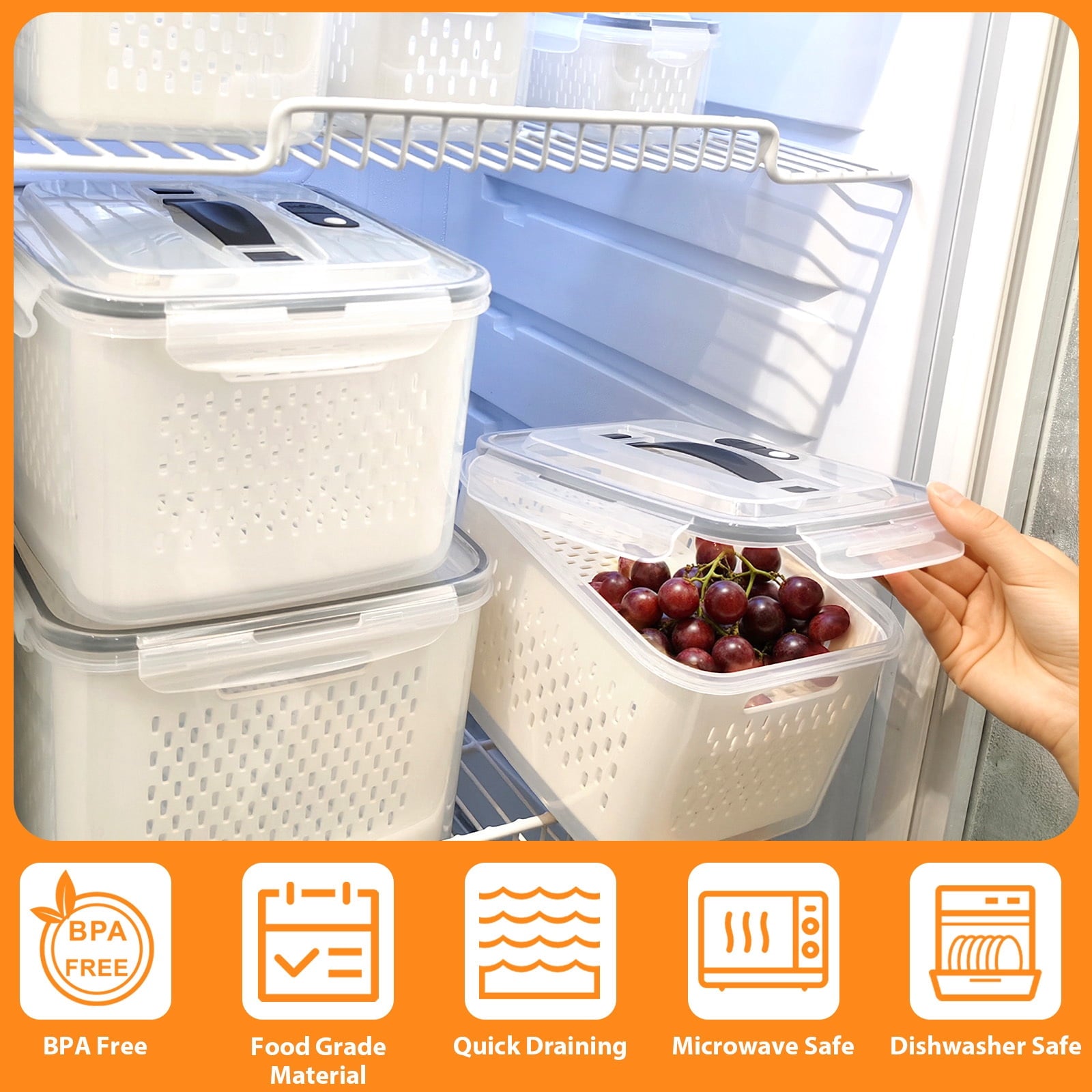 Fenbeli Fruit Vegetable Storage Containers for Fridge, 6 Pack Produce Saver with Lids and Removable Colander, BPA-Free Airtight Fresh Keeper with Adjustable Vent and Divider, Refrigerator Organizer Set