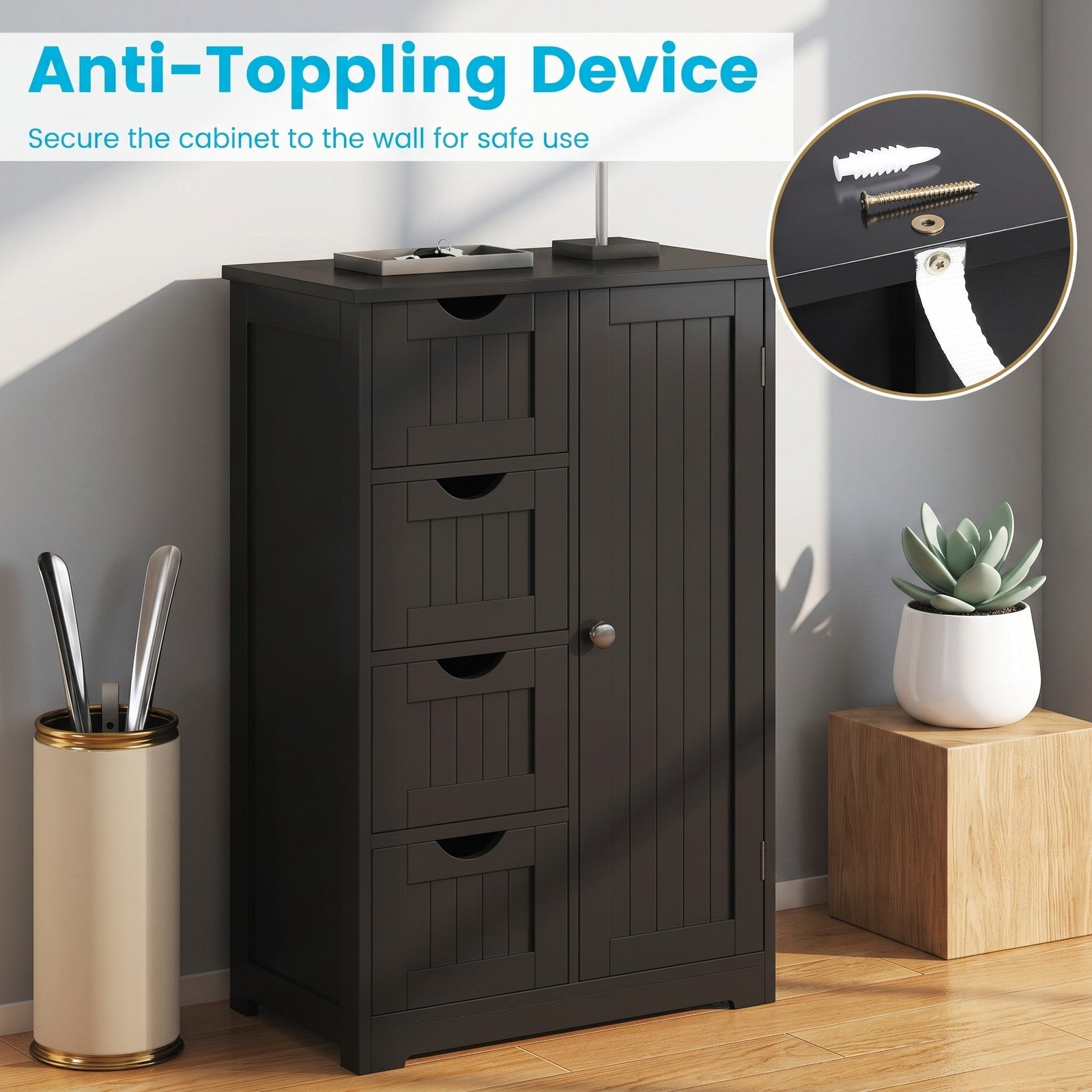 Fenbeli 4-Drawer Wooden Storage Cabinet with Side Door, Freestanding Bathroom Floor Organizer Chest for Living Room Bedroom Hallway, Modern Nightstand with, Black