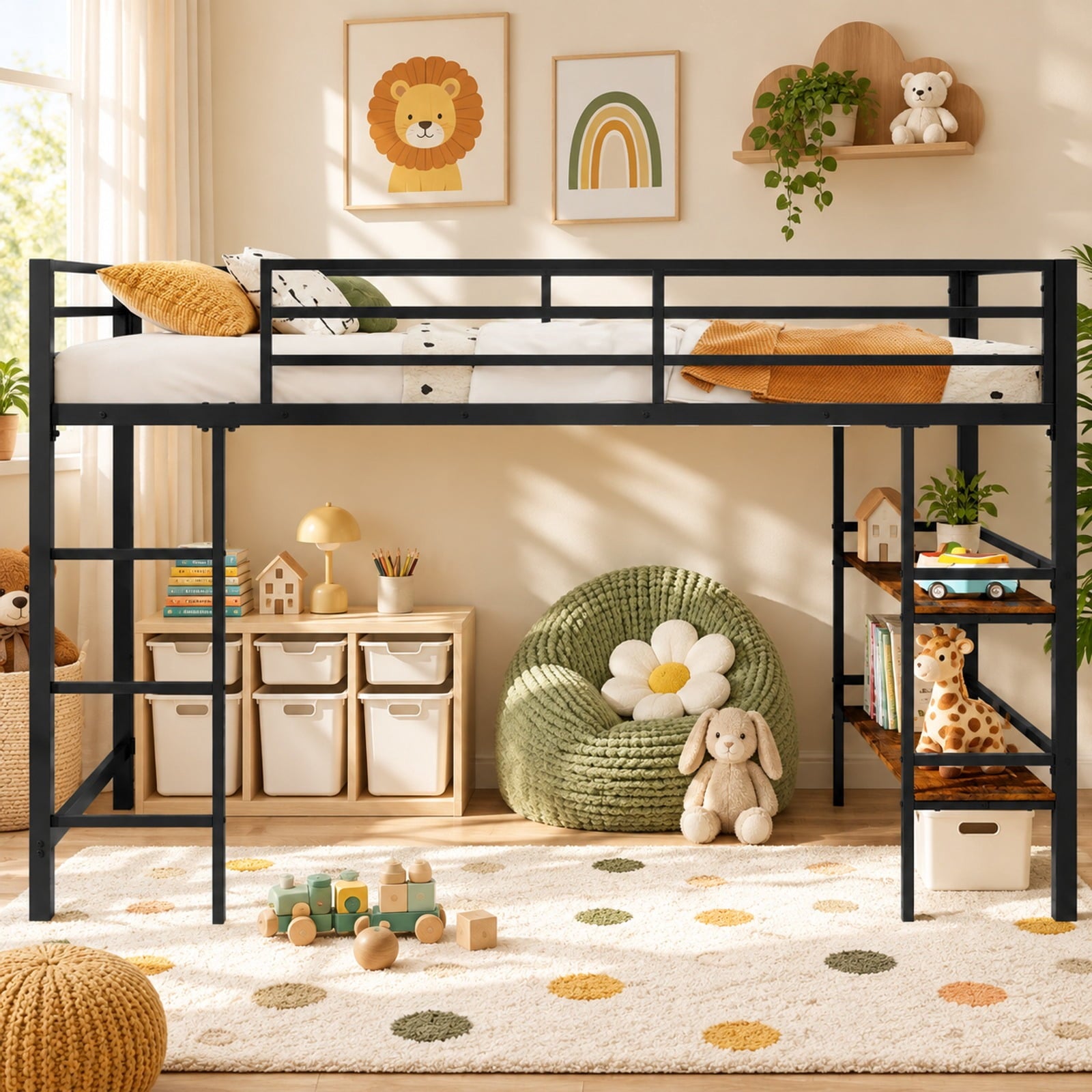Fenbeli Twin Size Low Loft Bed with Ladder and Storage Shelves Metal Frame for Boys Girls, 485 lbs Capacity, Metal Engineered Wood Frame, Black