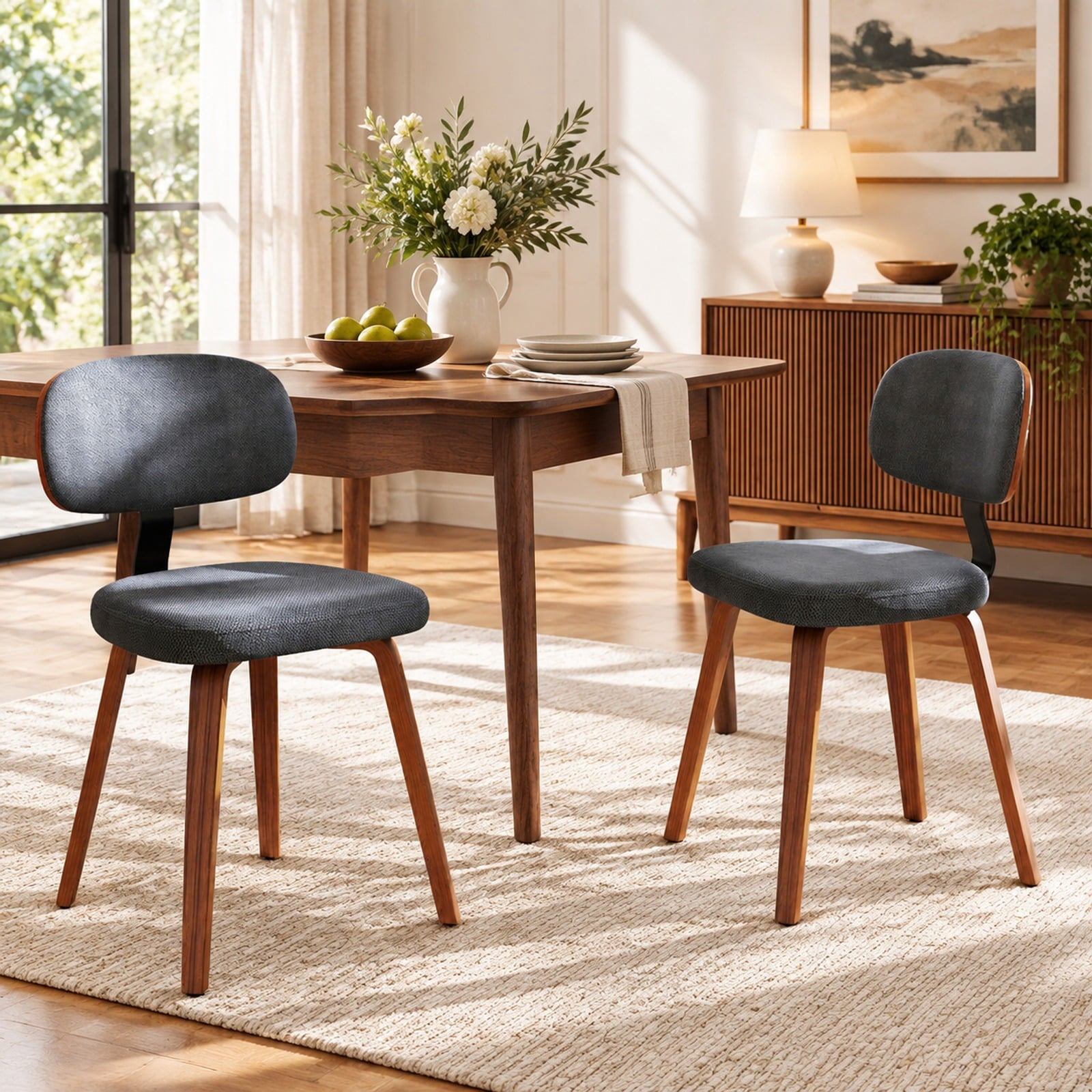 Fenbeli Chenille Fabric Upholstered Wooden Kitchen Chairs Set of 2, 330 lbs Capacity, Chenille Sponge Bentwood Metal Frame, Dark Gray