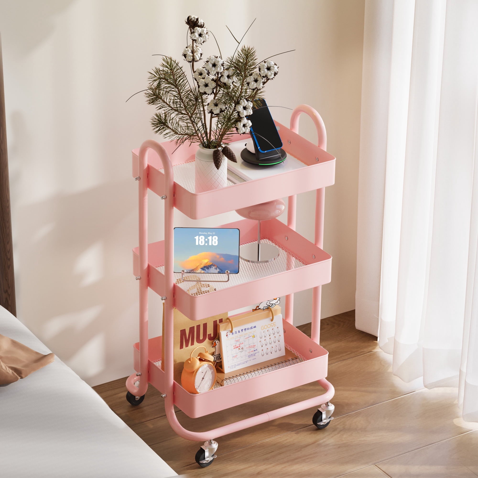 Fenbeli 3-Tier Metal Rolling Utility Cart with Wheels, pink, 18L x 13.4W x 31H