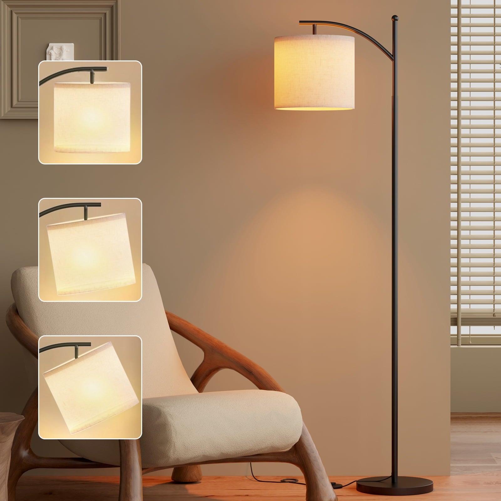 Fenbeli Arc Floor Lamp for Living Room, 61 Modern Standing Lamp with 3 Color Temperature LED Bulb Included, Adjustable Hanging Linen Drum Shade, Tall Floor Lamp with Foot Switch for Bedroom Office