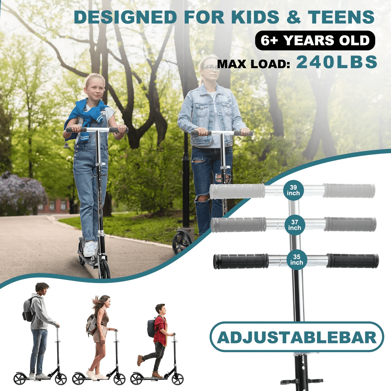Fenbeli 200mm Black Scooter, Commuter Scooter Height Adjustable, Folding Kick Scooter for Teens & Adults
