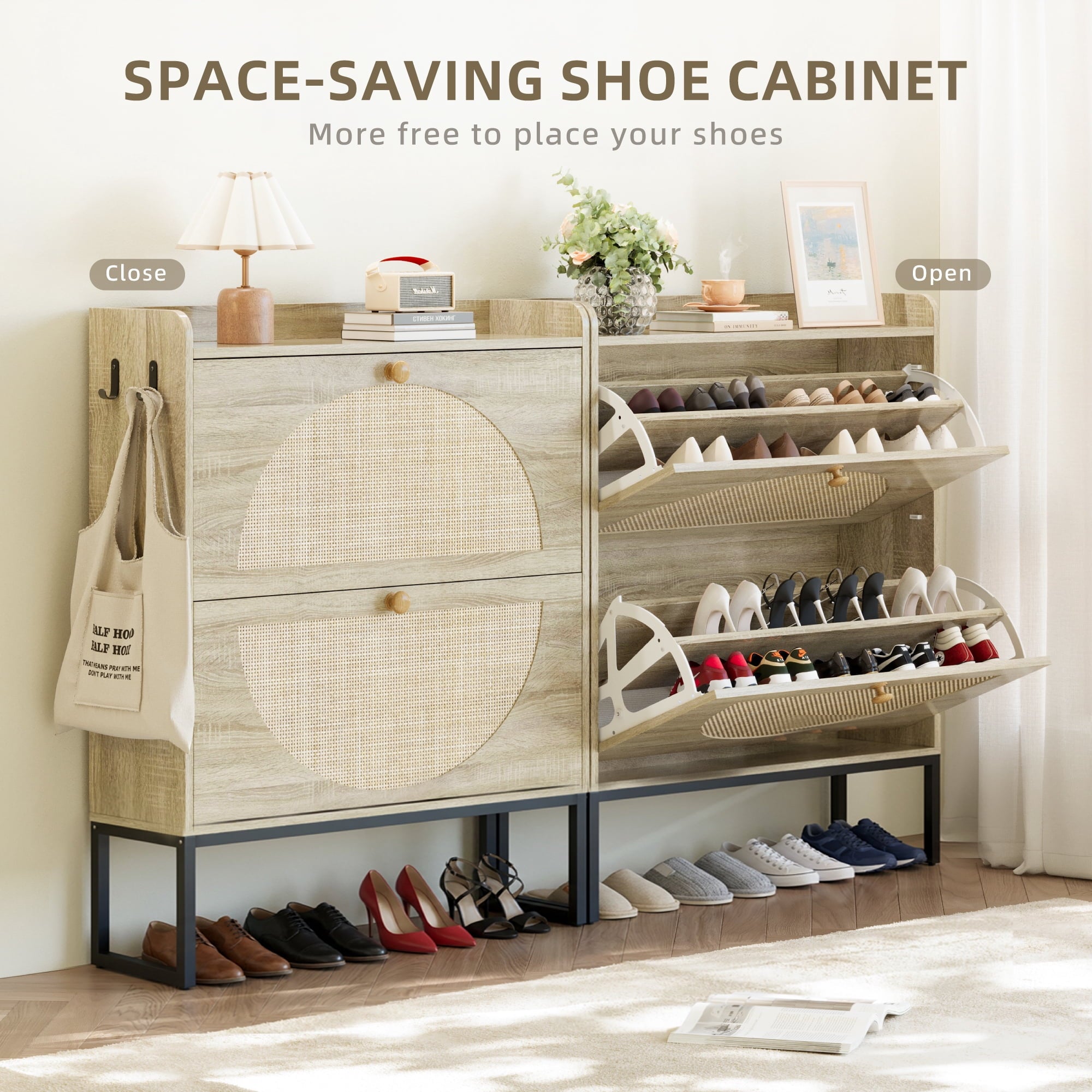 Furnibear Shoe Cabinet with Rattan Doors and Adjustable Shelves for Entryway Shoe Storage, Natural Wood