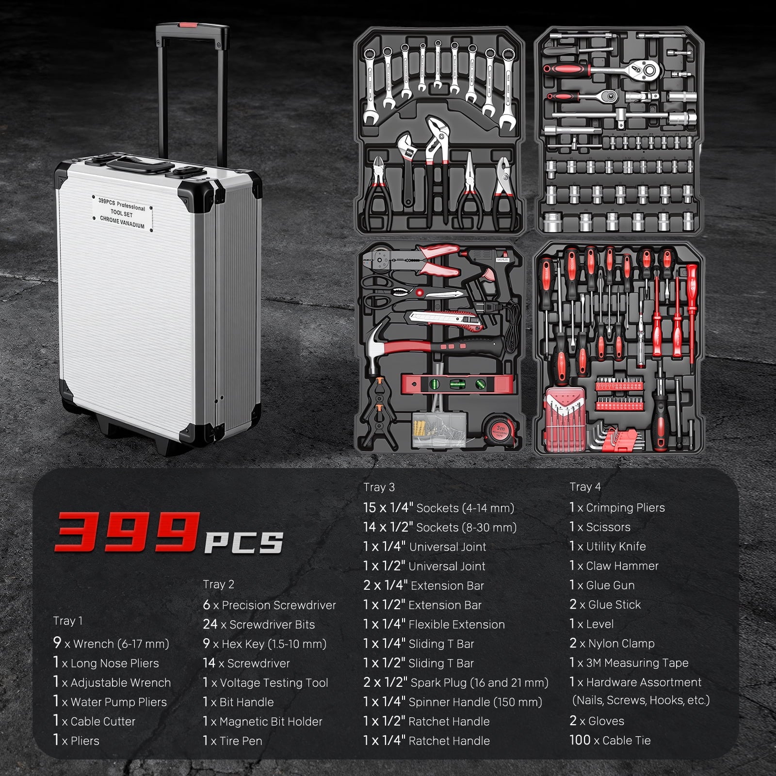 Fenbeli 399 Piece Tool Set, Professional Chrome Vanadium Steel Tool Kit with Aluminum Trolley Case and Wheels, Home Auto Repair Mechanic Tool Box,Silver