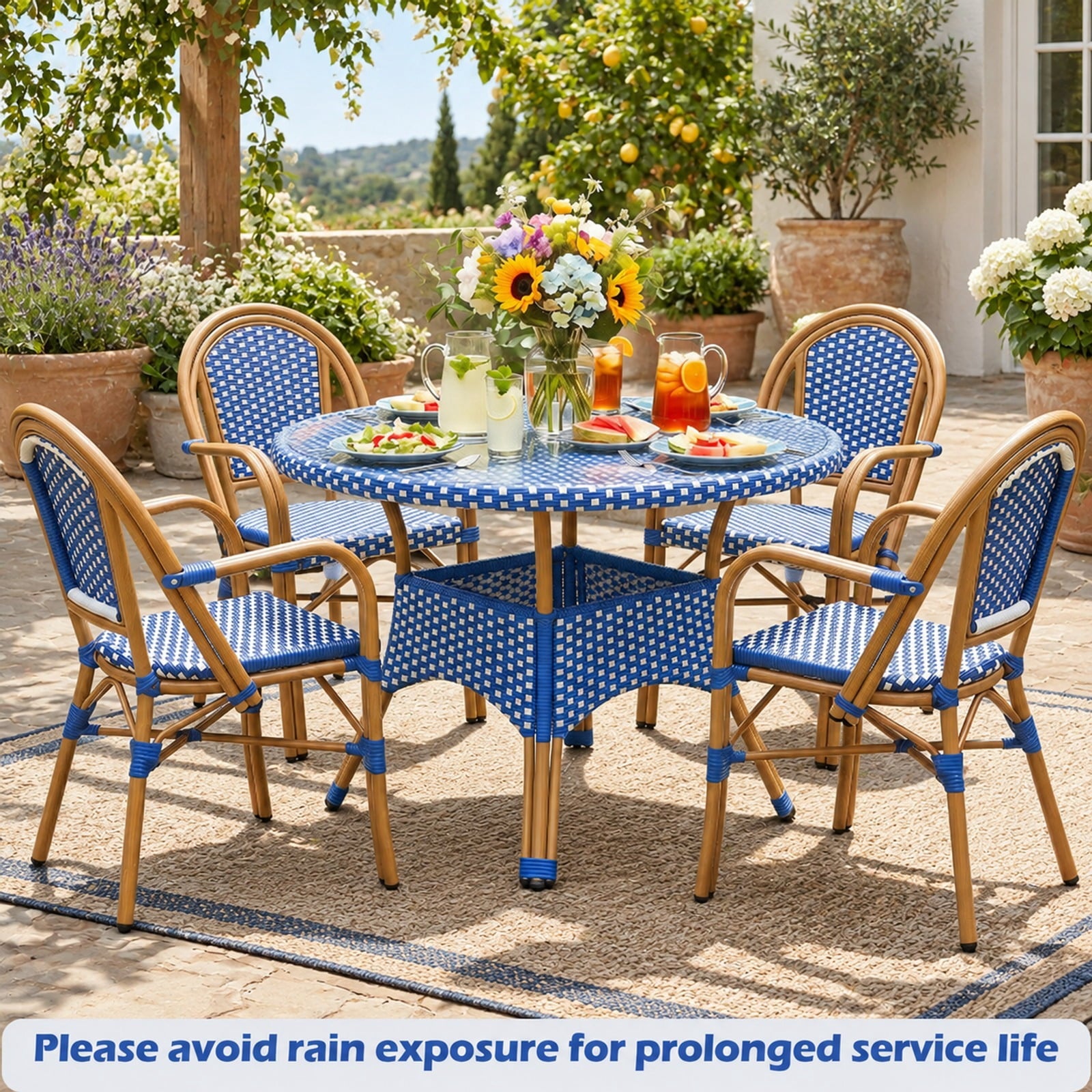 Fenbeli Hand-Woven PE Wicker Outdoor French Bistro Chairs Set of 2, Chair 400 lbs Capacity, PE Rattan Galvanized Metal Frame, Blue