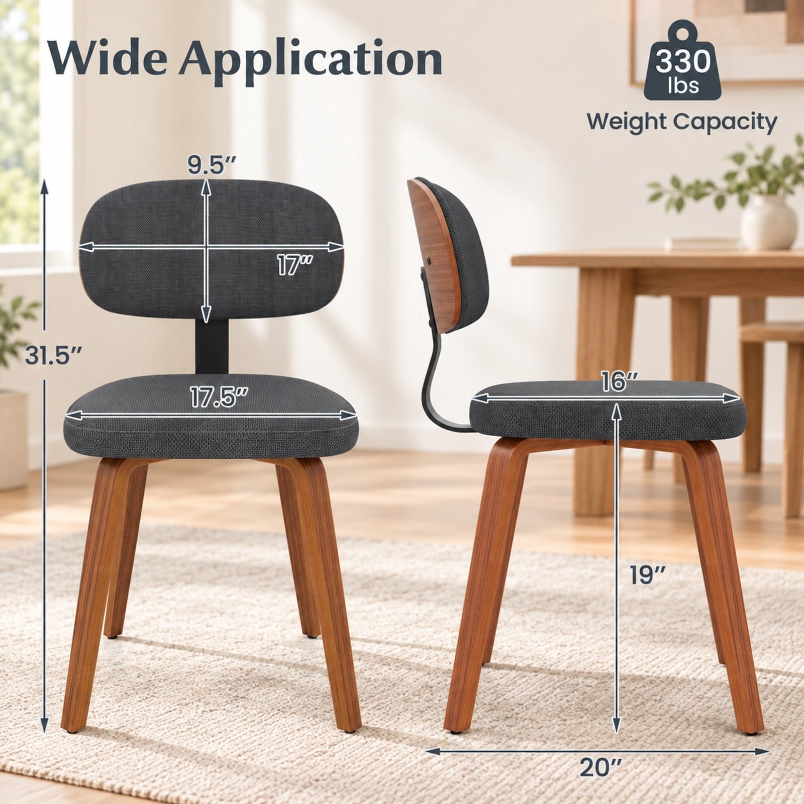 Fenbeli Chenille Fabric Upholstered Wooden Kitchen Chairs Set of 2, 330 lbs Capacity, Chenille Sponge Bentwood Metal Frame, Dark Gray