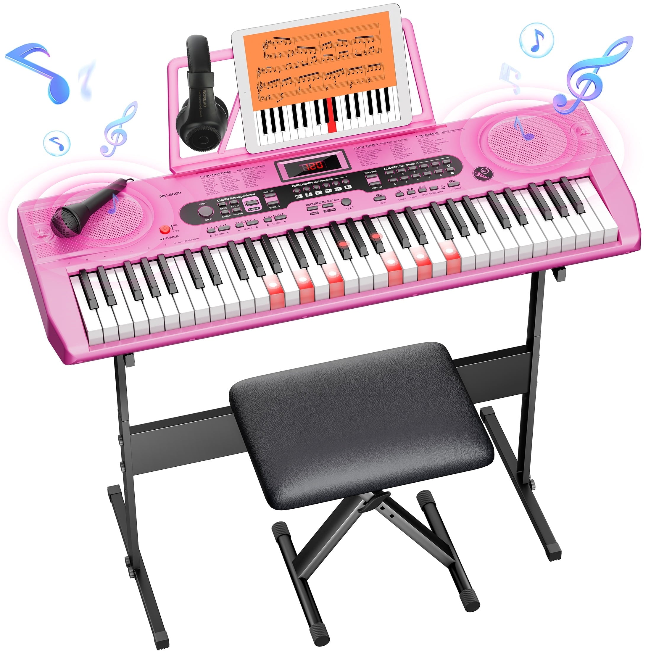 Fenbeli 61-Key Piano Keyboard with Lighted Keys, Stand, Bench, Microphone, Headphone, Electronic Keyboard Piano Set, Pink