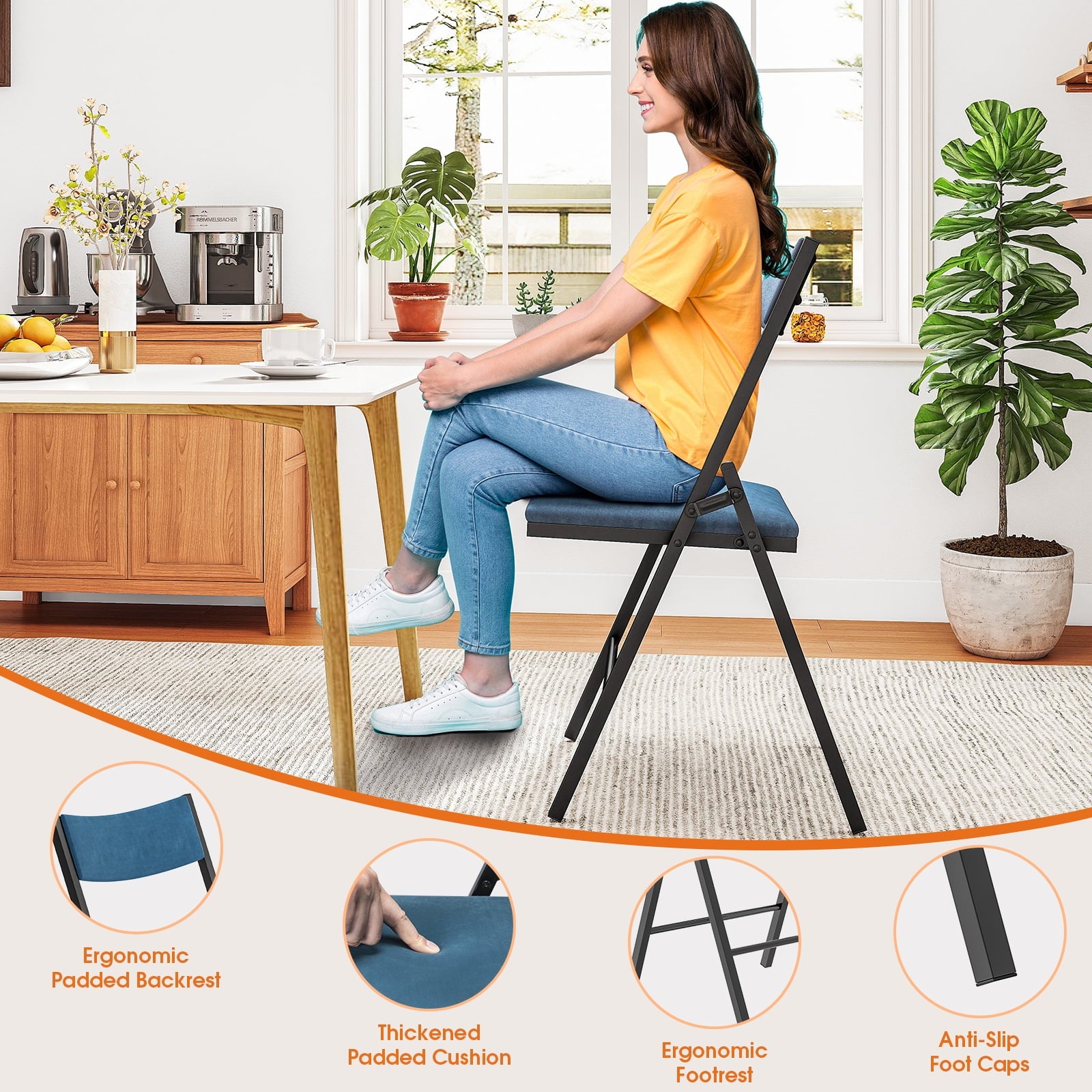 Fenbeli 4-Pack Blue Padded Folding Chairs with Metal Frame