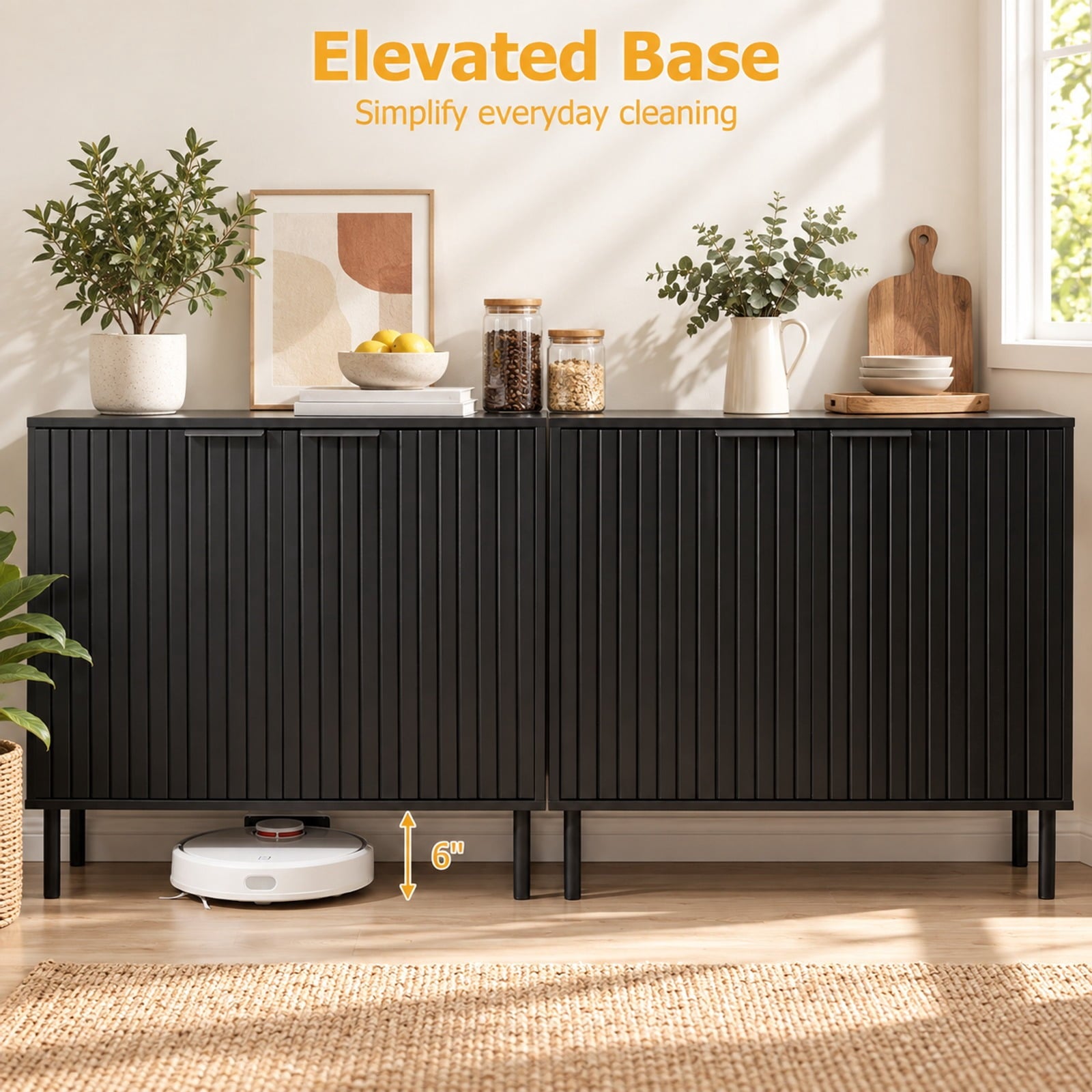 Fenbeli Fluted Buffet Cabinet with 2-Door Sideboard for Kitchen and Dining Room, Black, Metal legs provide strong and reliable support
