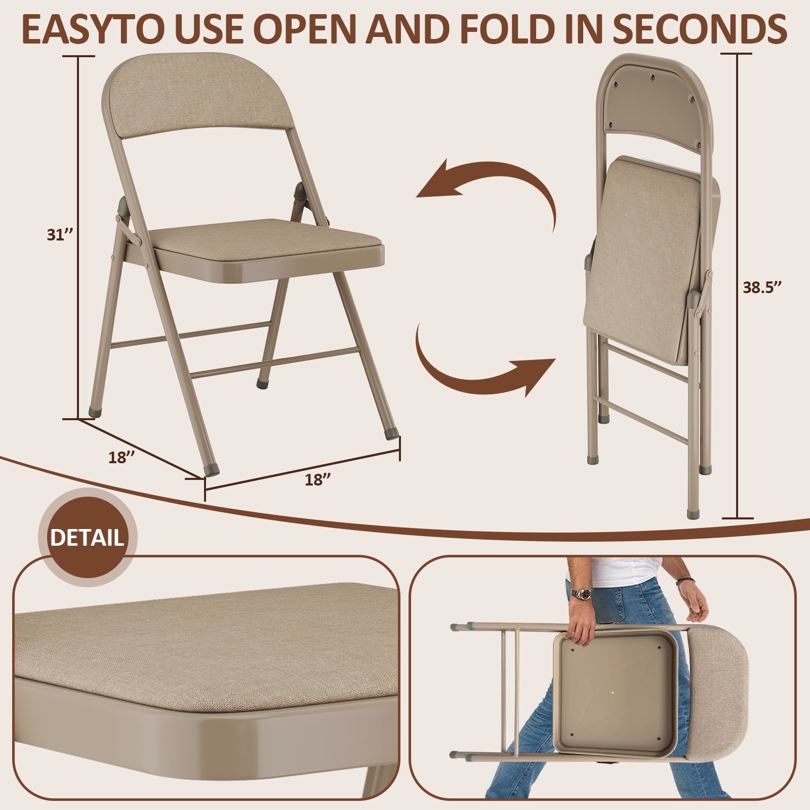 Fenbeli 6 Pack Folding Chairs with Padded Seats, Brown