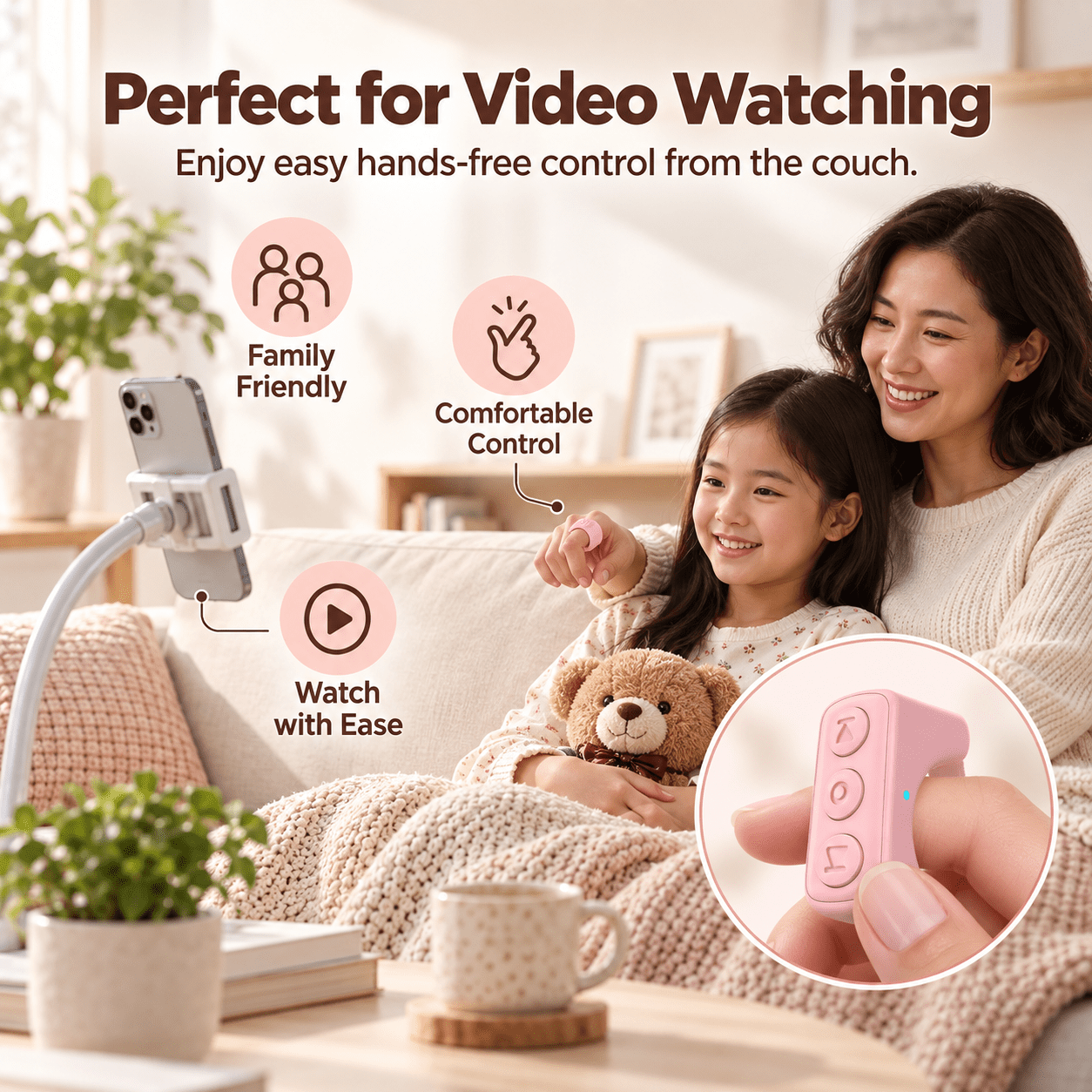 Fenbeli Bluetooth Scrolling Ring for TikTok, Wireless Finger Remote Control Page Turner with Charging Case, Camera Shutter Remote for iPhone iPad Android, Short Video Controller, Pink