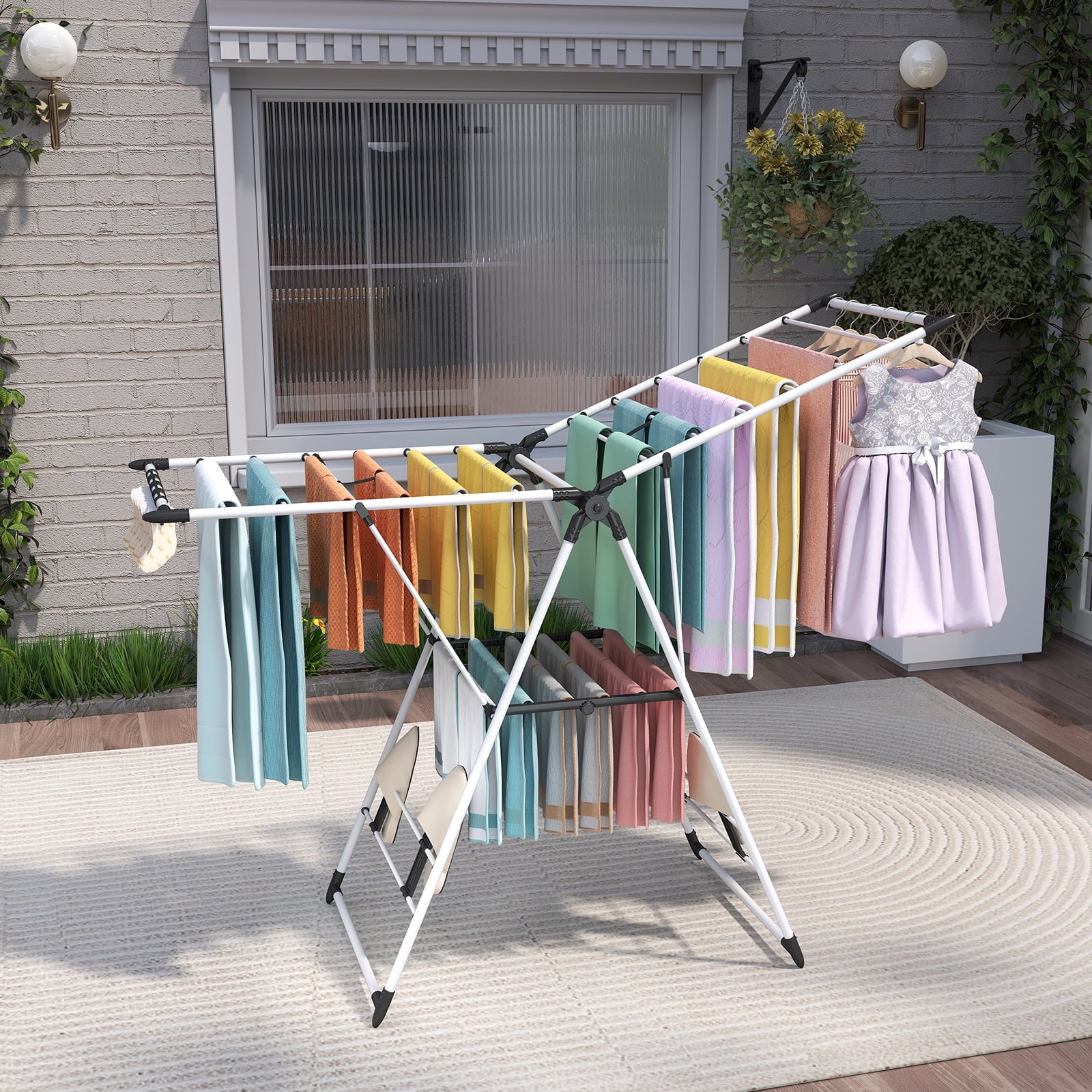 Fenbeli Foldable Clothes Drying Rack, 2-Tier 66 lbs Capacity, Rustproof Steel Laundry Rack for Indoor and Outdoor, White