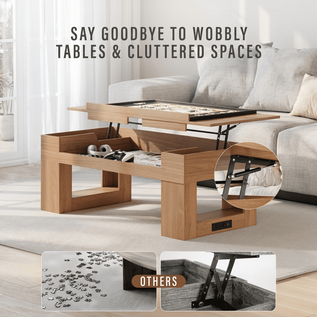 Furnibear Lift Top Coffee Table with Puzzle Tray and Charging Station for Living Room, Brown