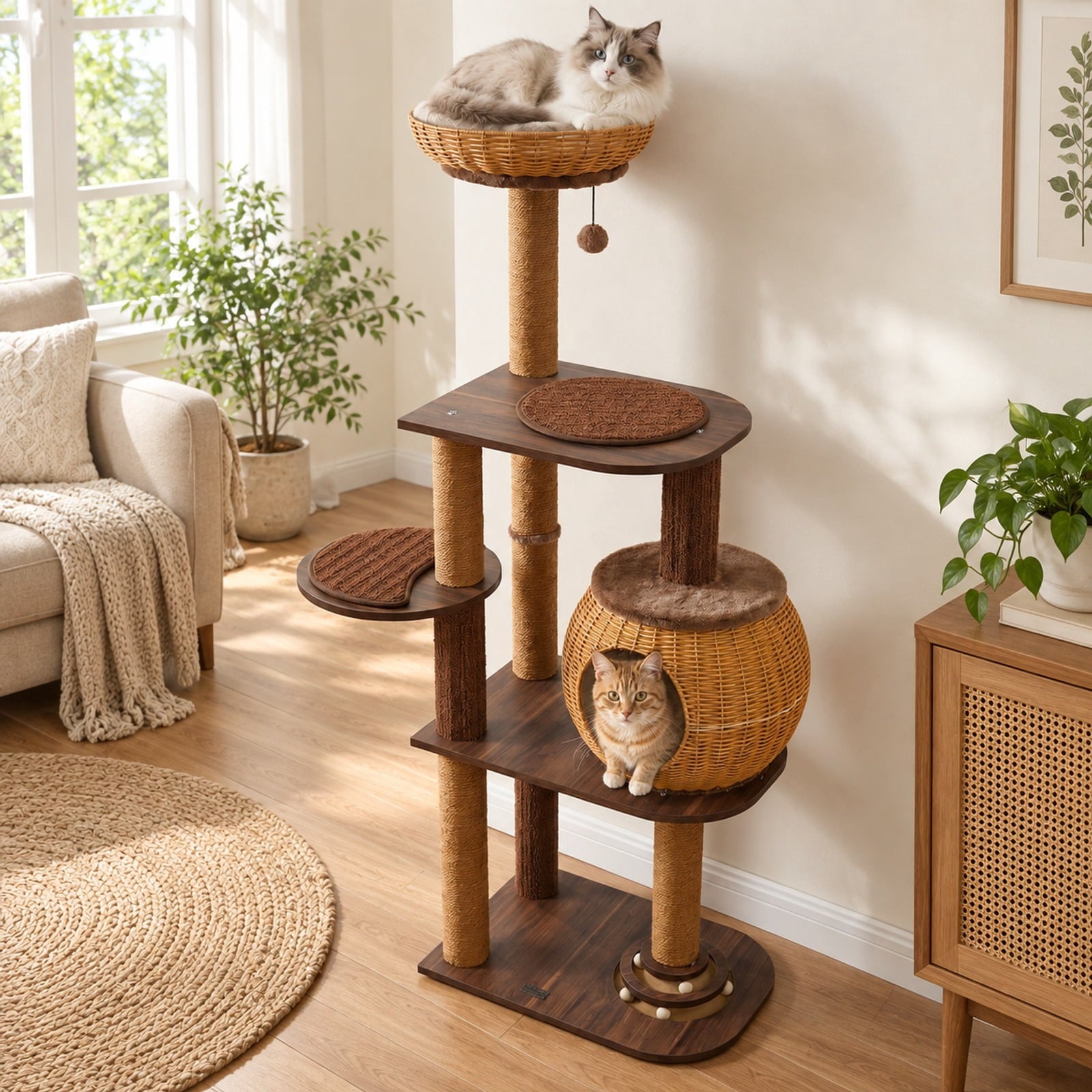 Fenbeli 59.5 Inch Cat Tree Multi-Level Cat Tower with PE Rattan Cat Condo and Top Perch, Platform 44 lbs Capacity, 23 x 16 x 59.5 Footprint