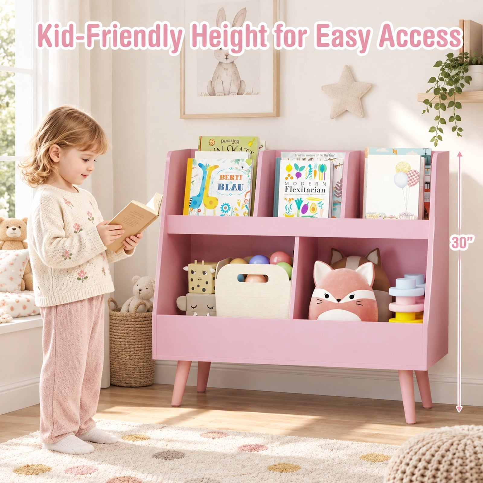 Fenbeli 5-Cube Kids Bookshelf and Toy Organizer with Anti-Tipping Kits, 68 lbs Capacity, MDF Solid Wood Frame, Pink