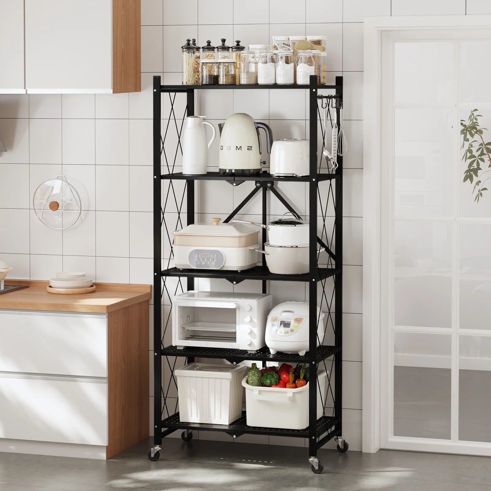 Fenbeli Foldable 5-Tier Storage Shelf with Wheels Metal Rack Collapsible Shelving Unit Display, Rolling Cartfor Garage, Pantry, Office ,Black