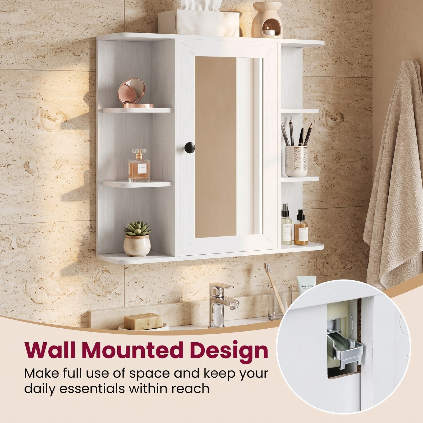 Fenbeli Wall Mounted Bathroom Medicine Cabinet with Mirror and Open Shelves, Wood Storage Organizer with Mirrored Door and Adjustable Compartments for Bathroom, White