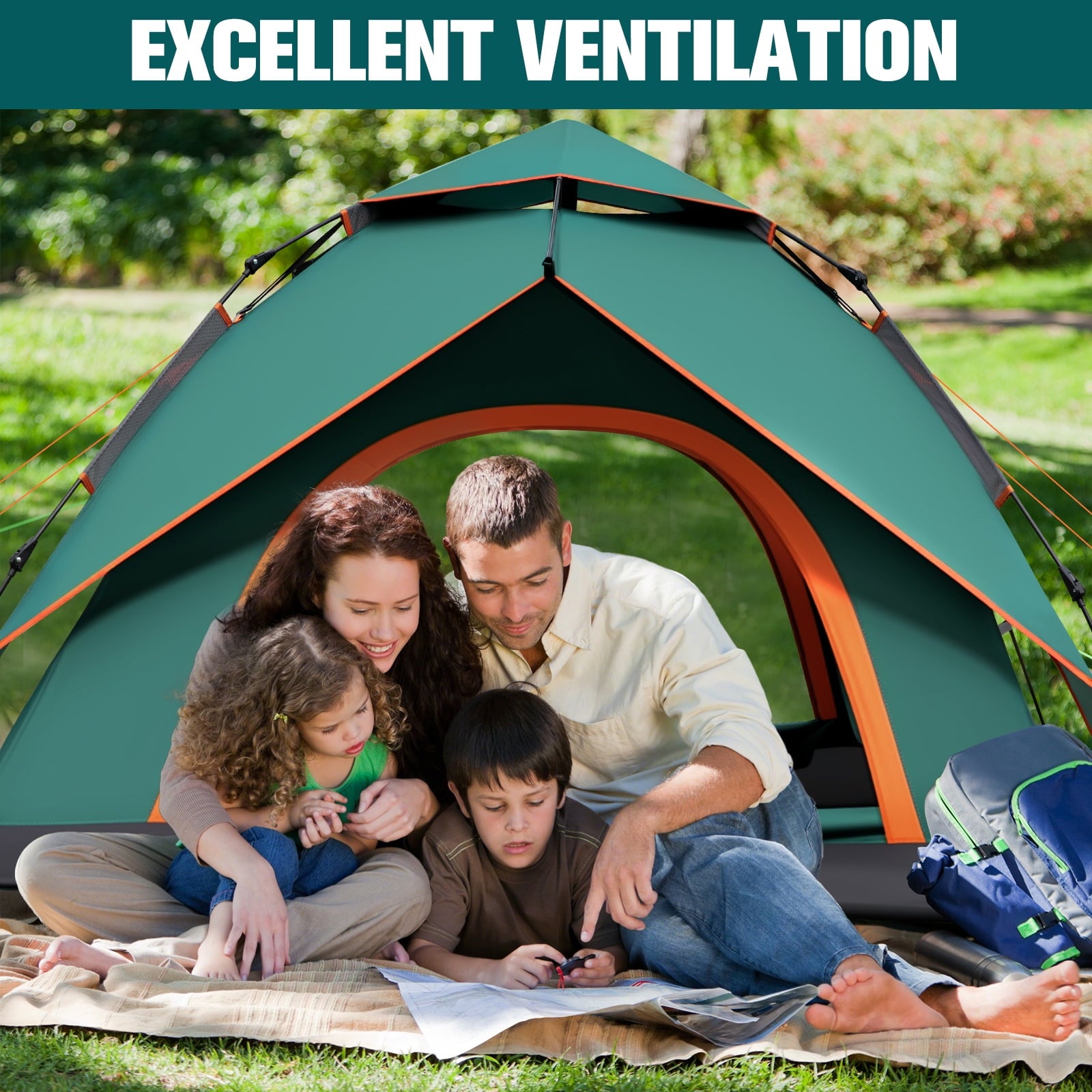 Fenbeli 4 Person 2-in-1 Instant Pop-Up Camping Tent with Detachable Rainfly, Waterproof Instant Setup Family Tent with Dual Mesh Doors, Green
