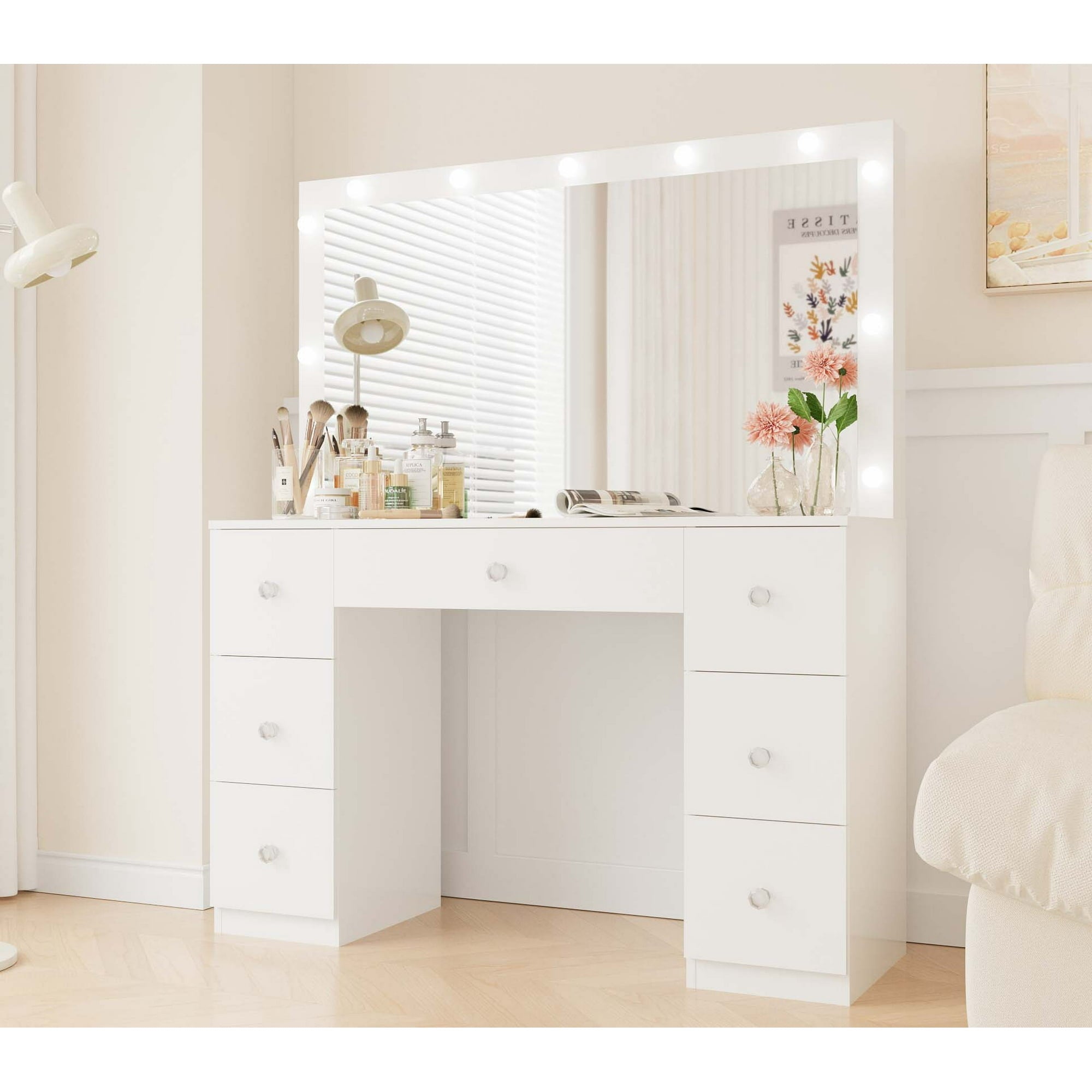 Fenbeli Vanity Desk with Mirror, LED Lights Makeup Vanity Table with 7 Drawers for Bedroom Dressing Room, White Finish