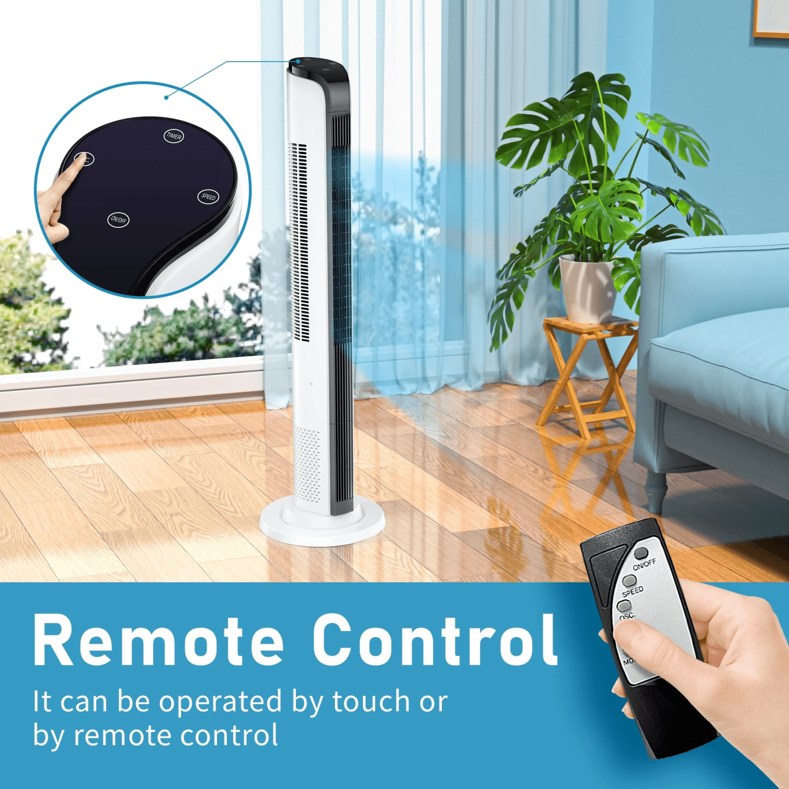 43in Tower Fan for Home, 12H Timer Standing Fan with Remote, 75¡ã Oscillating Cooling Fan with 3 Wind Modes and 3 Wind Speeds, White