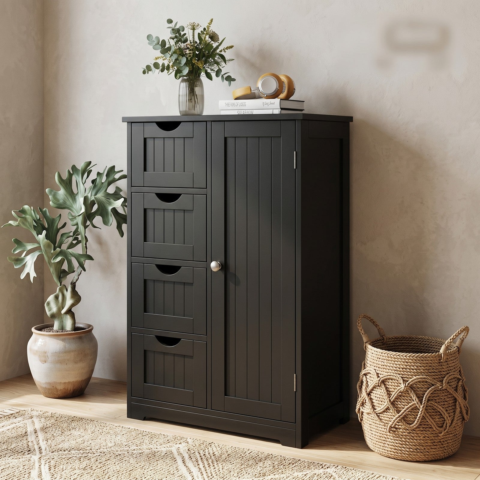 Fenbeli 4-Drawer Wooden Storage Cabinet with Side Door, Freestanding Bathroom Floor Organizer Chest for Living Room Bedroom Hallway, Modern Nightstand with, Black