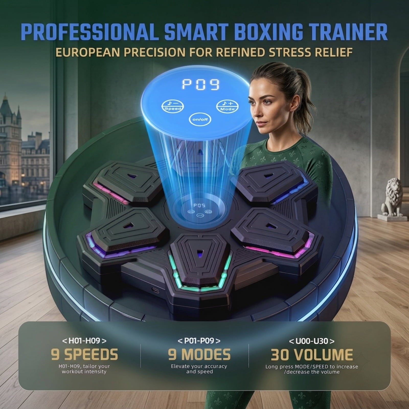 Fenbeli Smart Boxing Trainer Wall-Mounted Punching Pad with LED Lights Music and 8 Rhythm Modes 3 Mounting Options for Home Reaction Training, Black