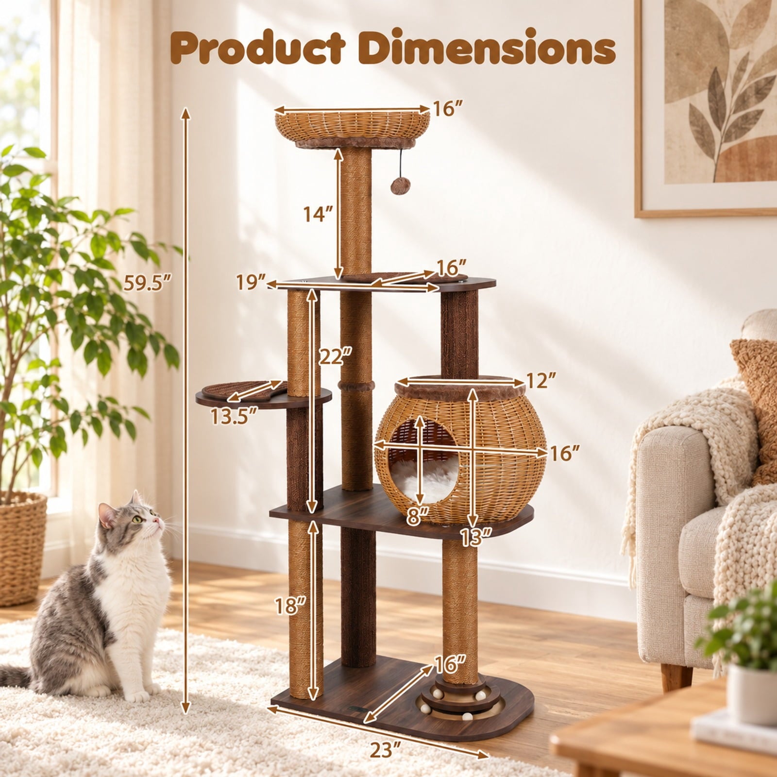 Fenbeli 59.5 Inch Cat Tree Multi-Level Cat Tower with PE Rattan Cat Condo and Top Perch, Platform 44 lbs Capacity, 23 x 16 x 59.5 Footprint