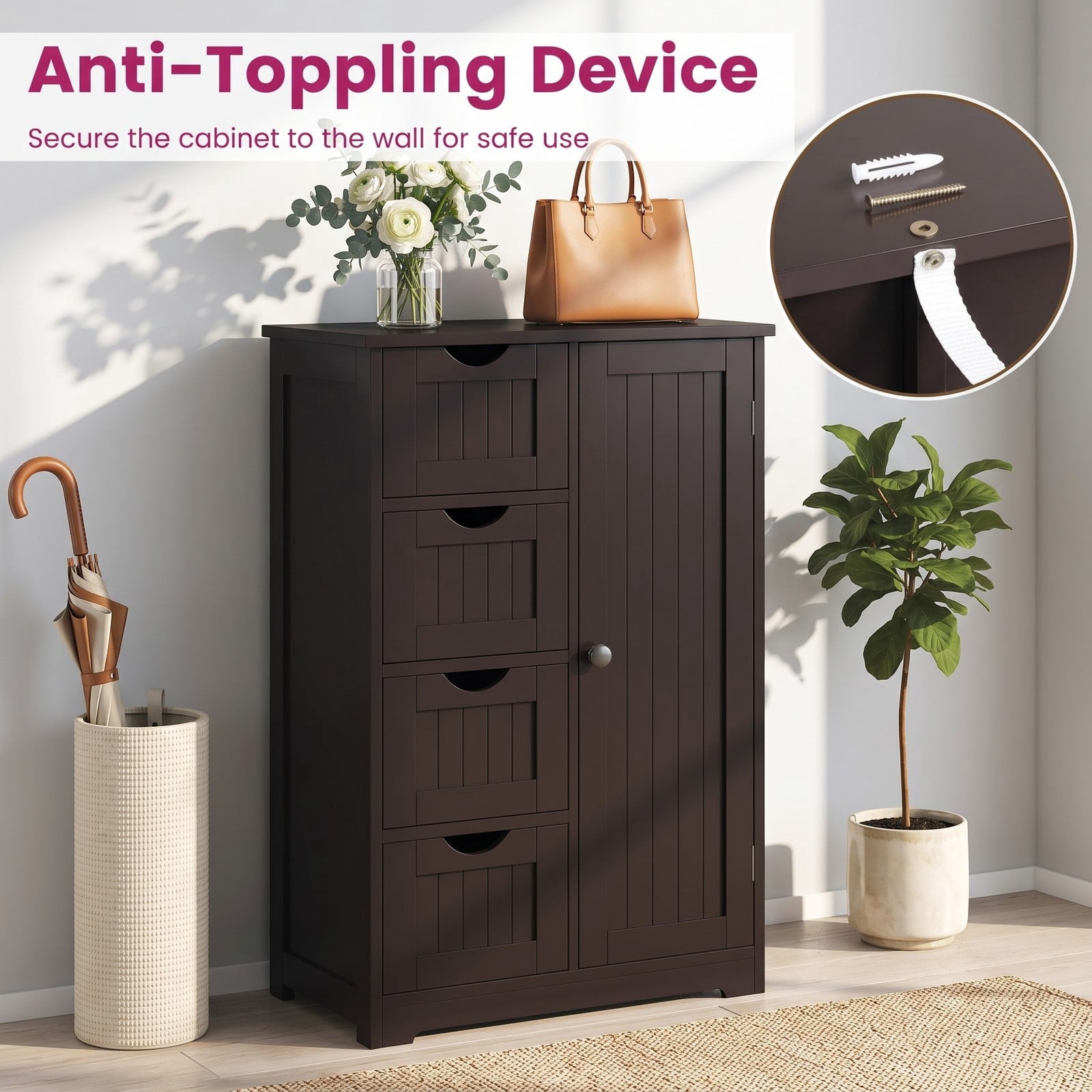 Fenbeli Freestanding Wooden Storage Cabinet with 4 Drawers and Side Door, Modern Bathroom Floor Cabinet Organizer for Living Room Bedroom Entryway, Anti-Tipping, Brown