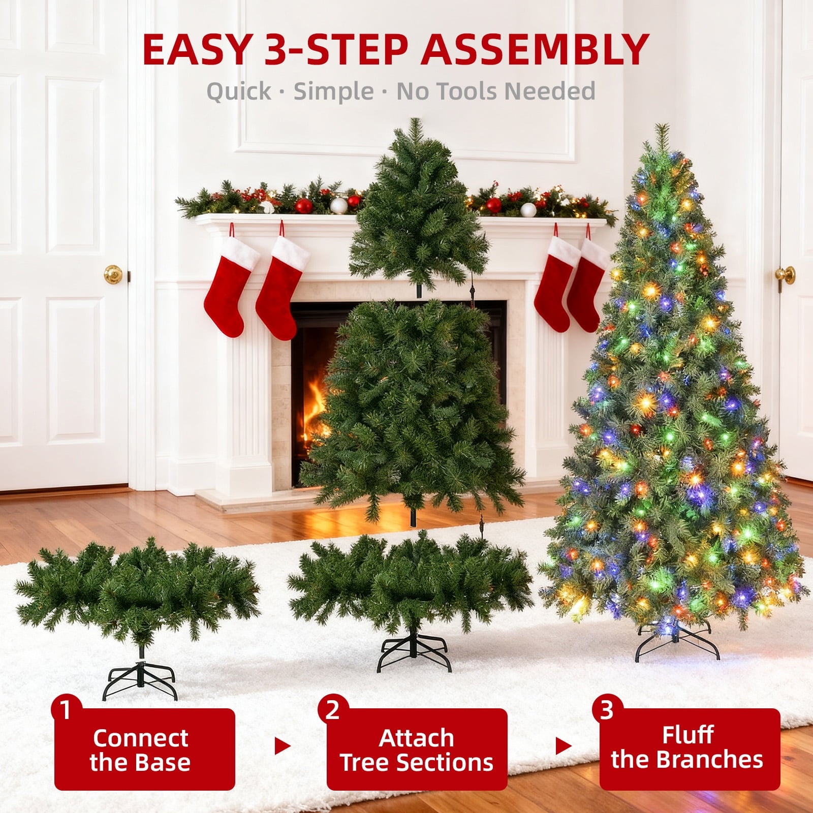 Fenbeli 7.5ft Pre-Lit Artificial Christmas Tree with 400 Multicolored LED Lights, 8 Sequences, Green