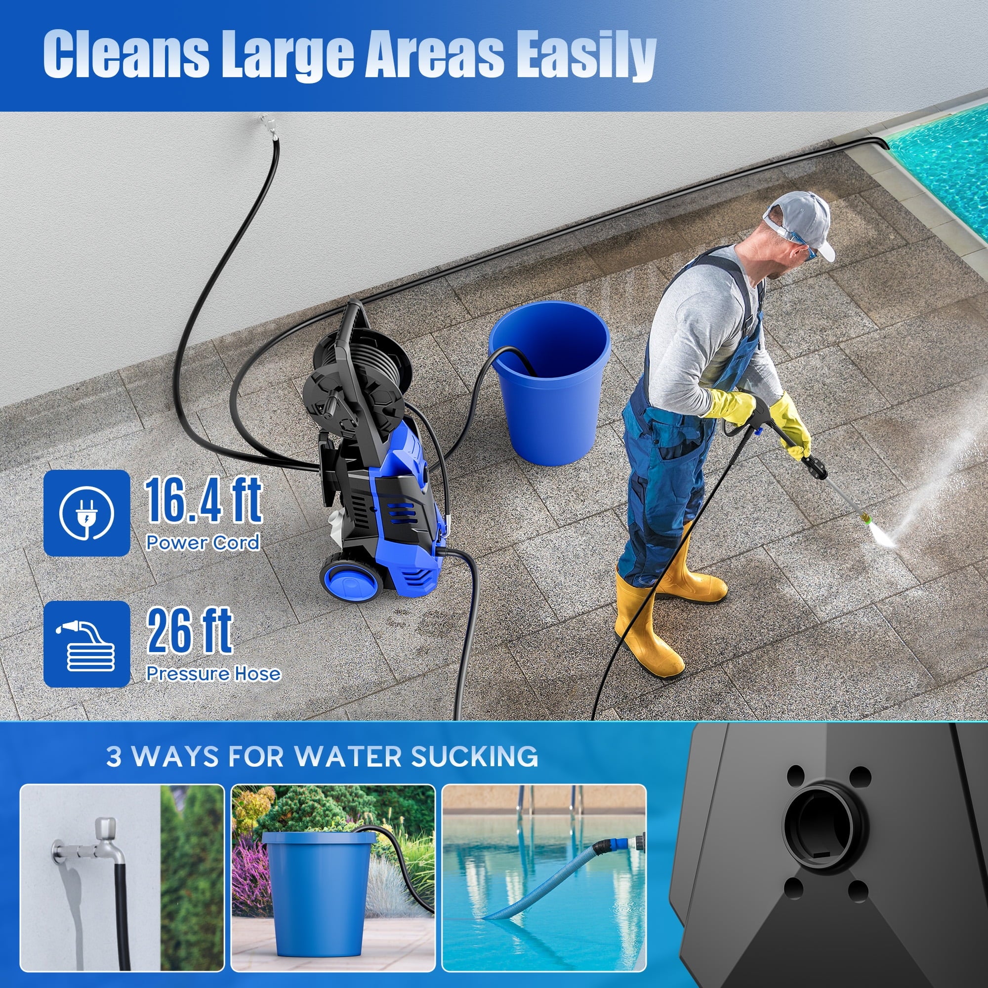 Fenbeli 3000 PSI Electric Pressure Washer, 2.0 GPM Power Washer with Hose Reel, 5 Nozzles, Wheels and Handle, 2000W High-Efficiency Cleaner for Cars, Homes, Driveways, and Decks