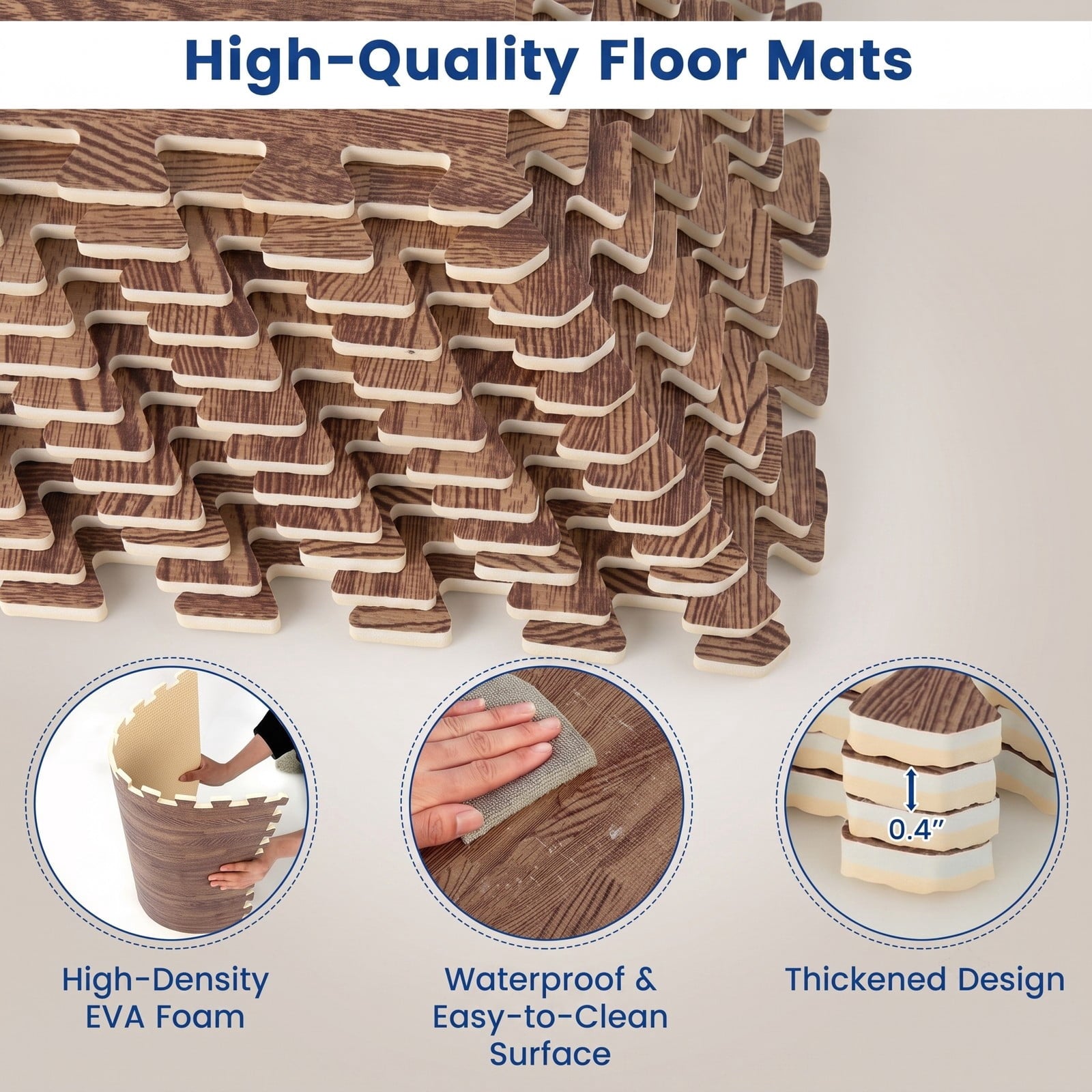Fenbeli 25 Tiles Wood Grain Foam Floor Mats with Borders, Interlocking EVA Puzzle Play Mat Tiles Covers 100 sq ft for Living Room Bedroom Playroom Gym Exercise, Brown