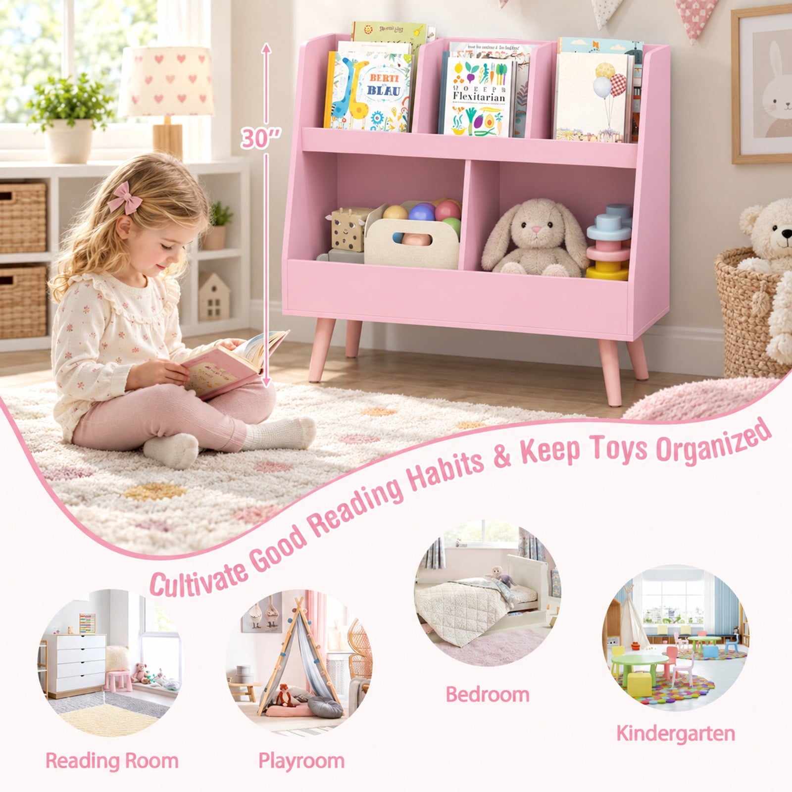 Fenbeli 5-Cube Kids Bookshelf and Toy Organizer with Anti-Tipping Kits, 68 lbs Capacity, MDF Solid Wood Frame, Pink