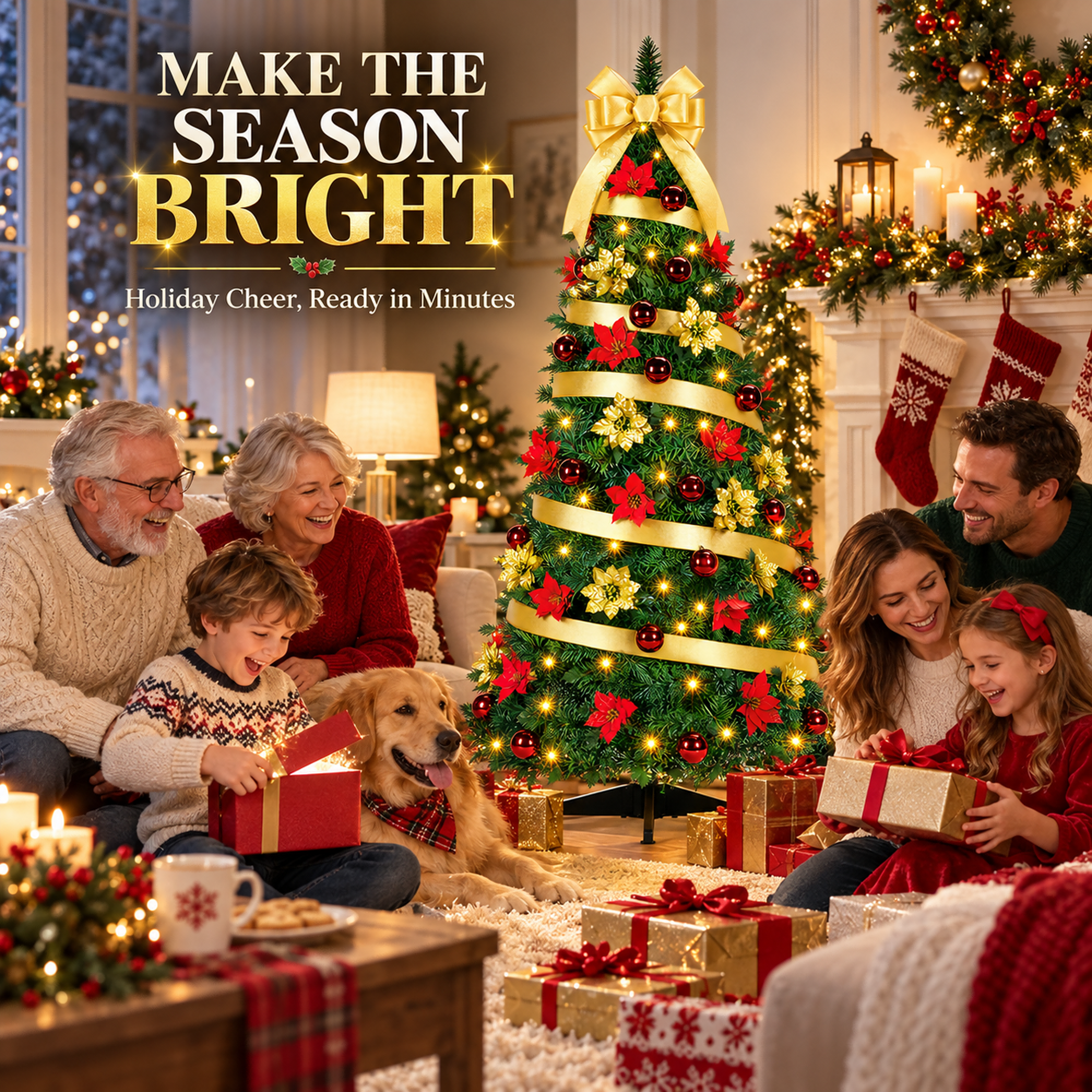 Fenbeli 6ft Pop-Up Pre-Lit Pencil Christmas Tree, 200 LED Lights, 8 Modes, 50 Balls, 50 Flowers, Gold Bow for Holiday Party Decor