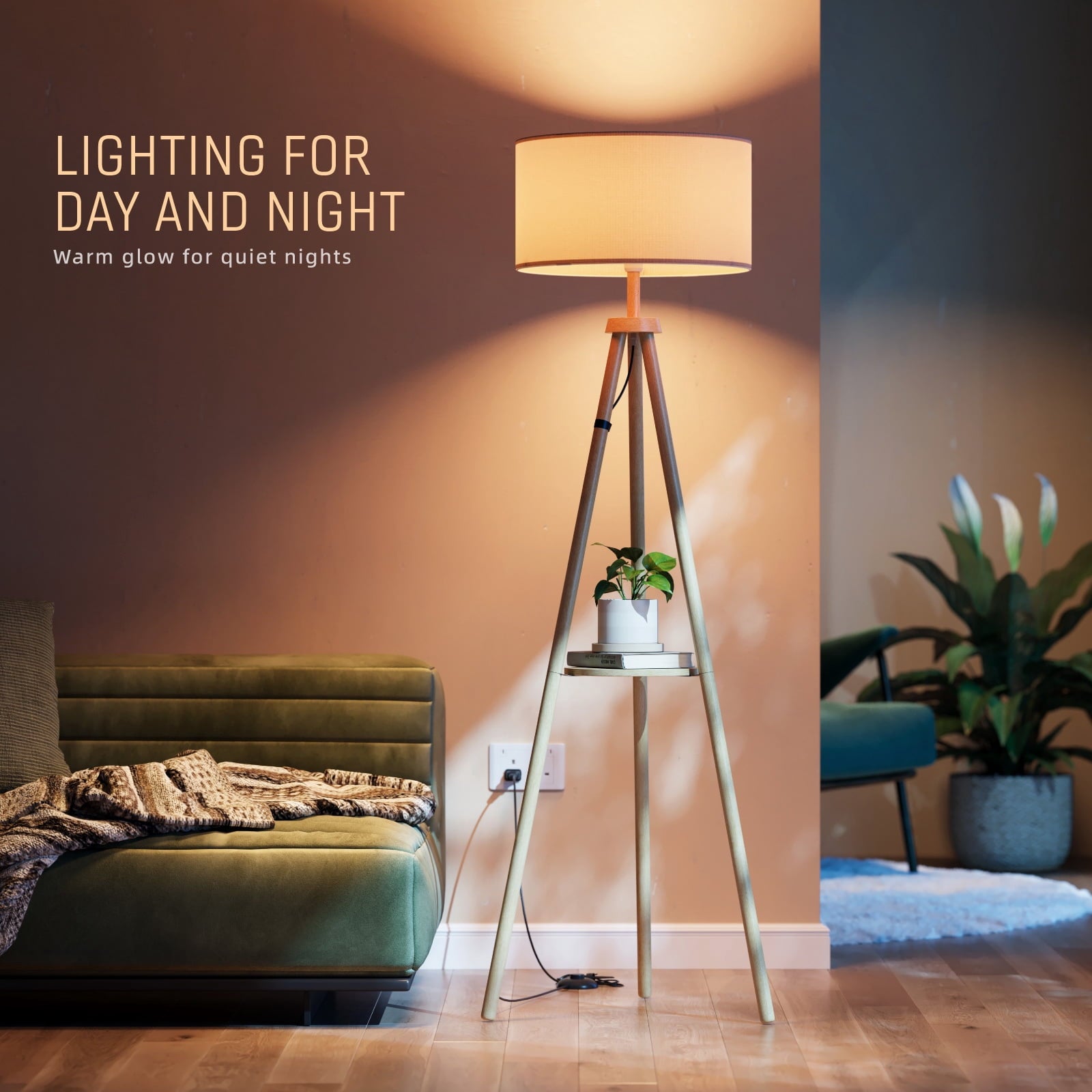 Fenbeli Tripod Floor Lamp with Shelf, 59 Wood Standing Lamp with Remote and APP, Dimmable 3 Color Temperature RGB LED Bulb Included, Linen Shade for Living Room Bedroom, Natural